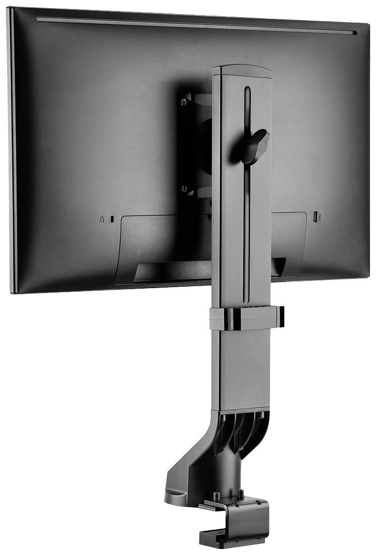 Ein Computermonitor ist an einem verstellbaren Arm befestigt, der an einem Tisch montiert ist. Ideal zur flexiblen Positionierung.