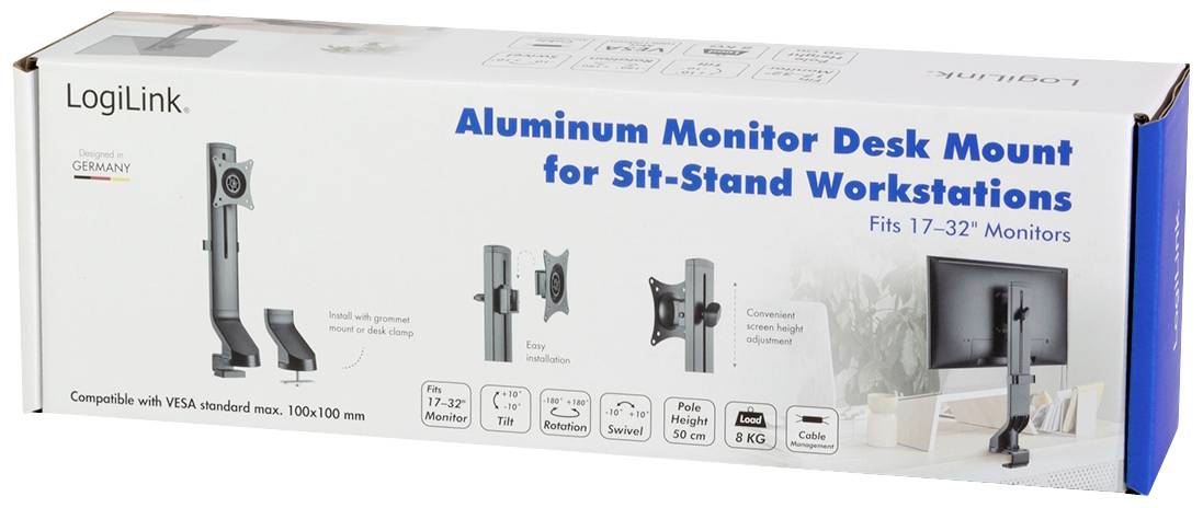Verpackung einer 'Aluminum Monitor Desk Mount' von LogiLink für 17-32 Zoll Monitore, zeigt Produktbilder und Montageoptionen.