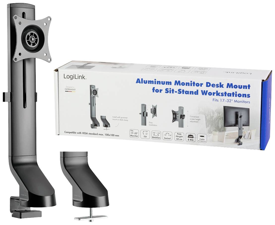 Ein schwarzer Aluminium-Monitorhalter für Schreibtische, passend für 17–32 Zoll Monitore. Verpackung zeigt Montagebeispiele.