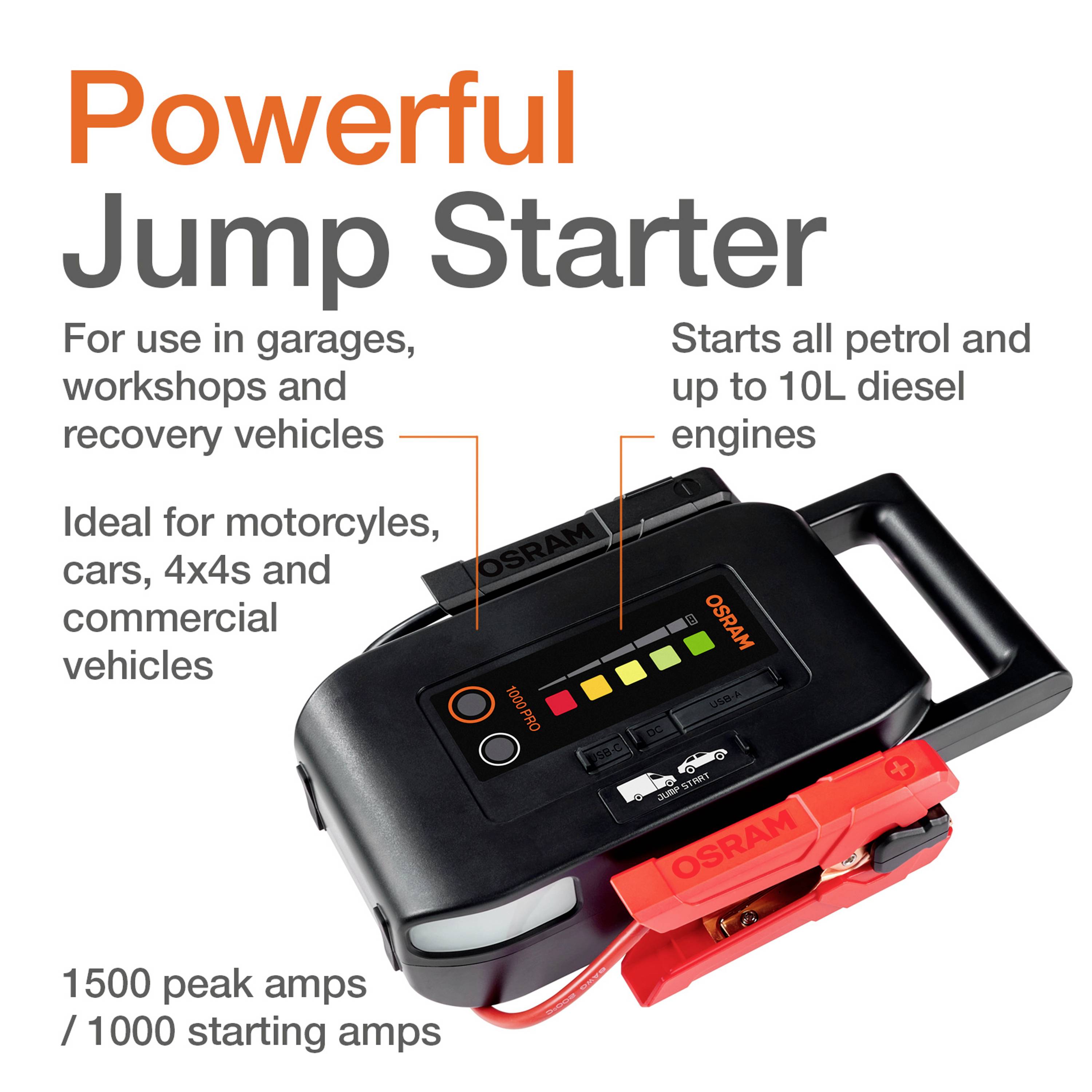 Osram Automotive Schnellstartsystem BATTERYstart PRO 1000 OEBSPL1000 Starthilfestrom (12 V)=1000A USB-Steckdose 2x