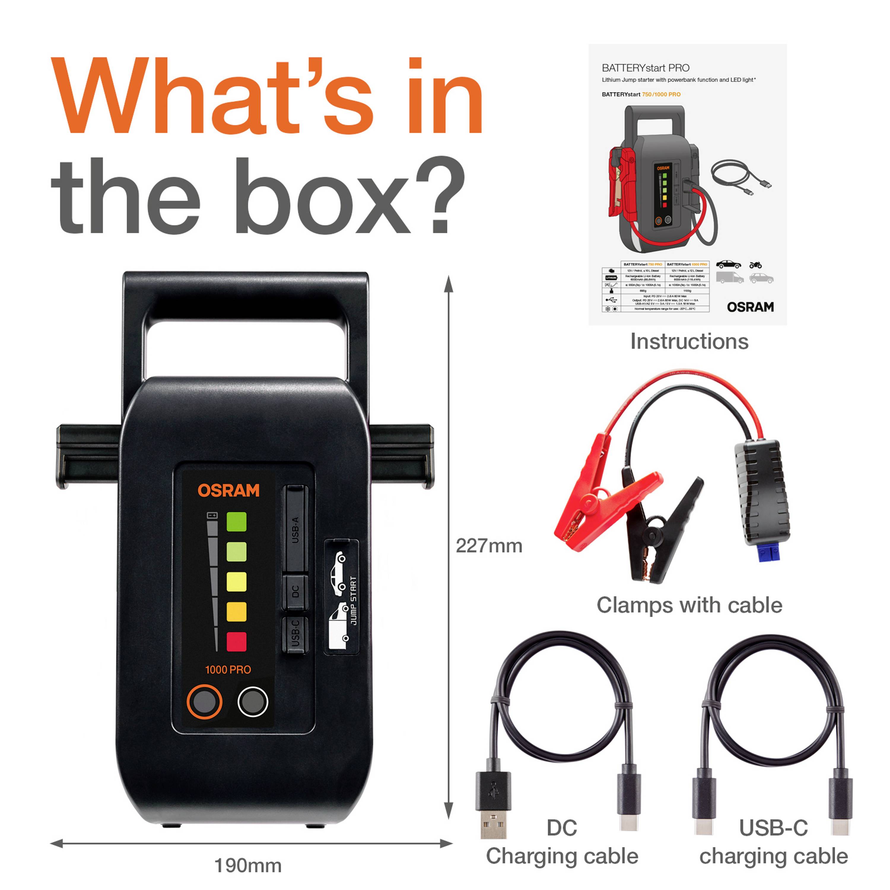 Osram Automotive Schnellstartsystem BATTERYstart PRO 1000 OEBSPL1000 Starthilfestrom (12 V)=1000A USB-Steckdose 2x