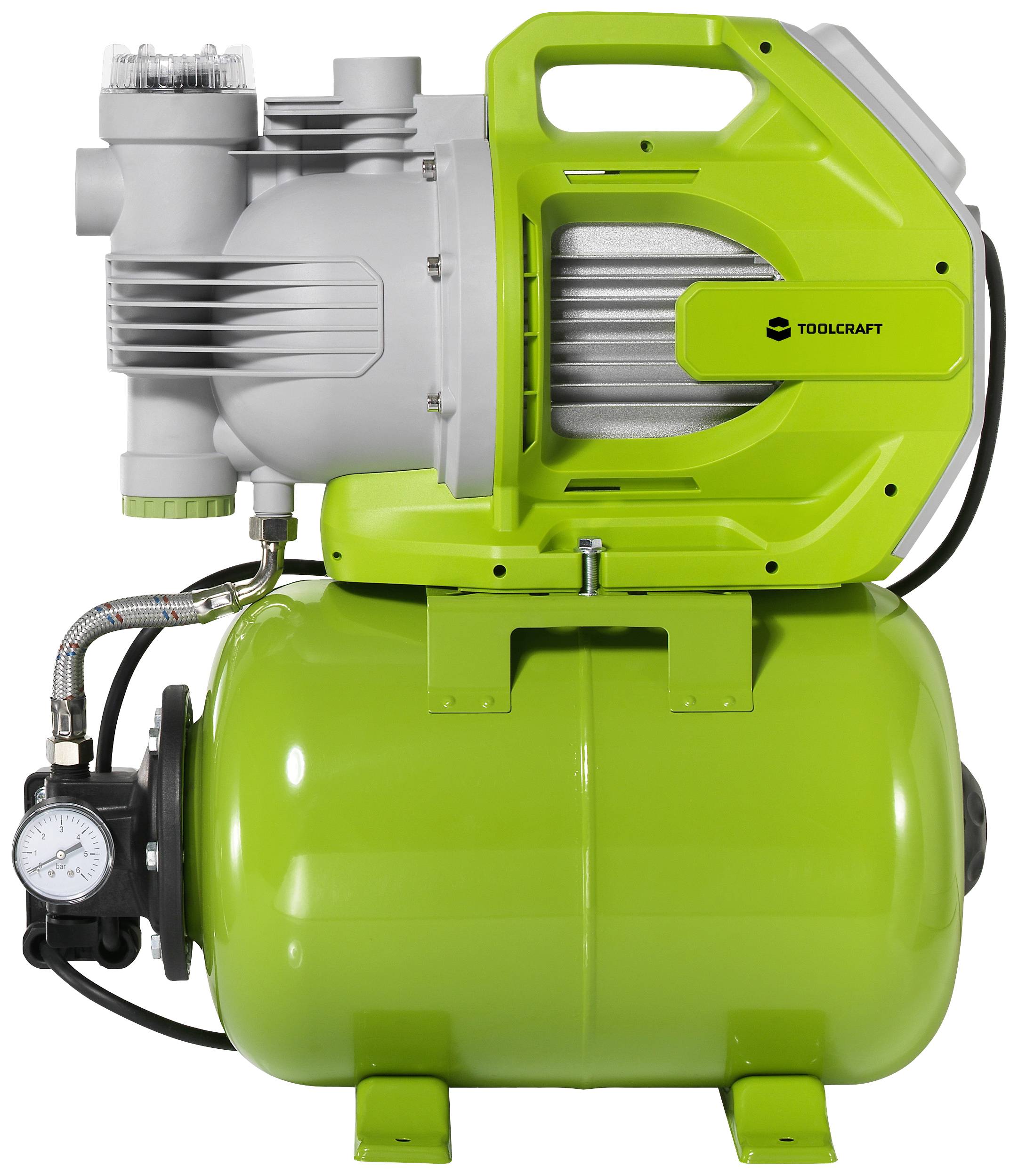 Helle, grüne Wasserpumpe mit Tank und Manometer, Marke Toolcraft, für Gartenbewässerung oder Wasserversorgung.