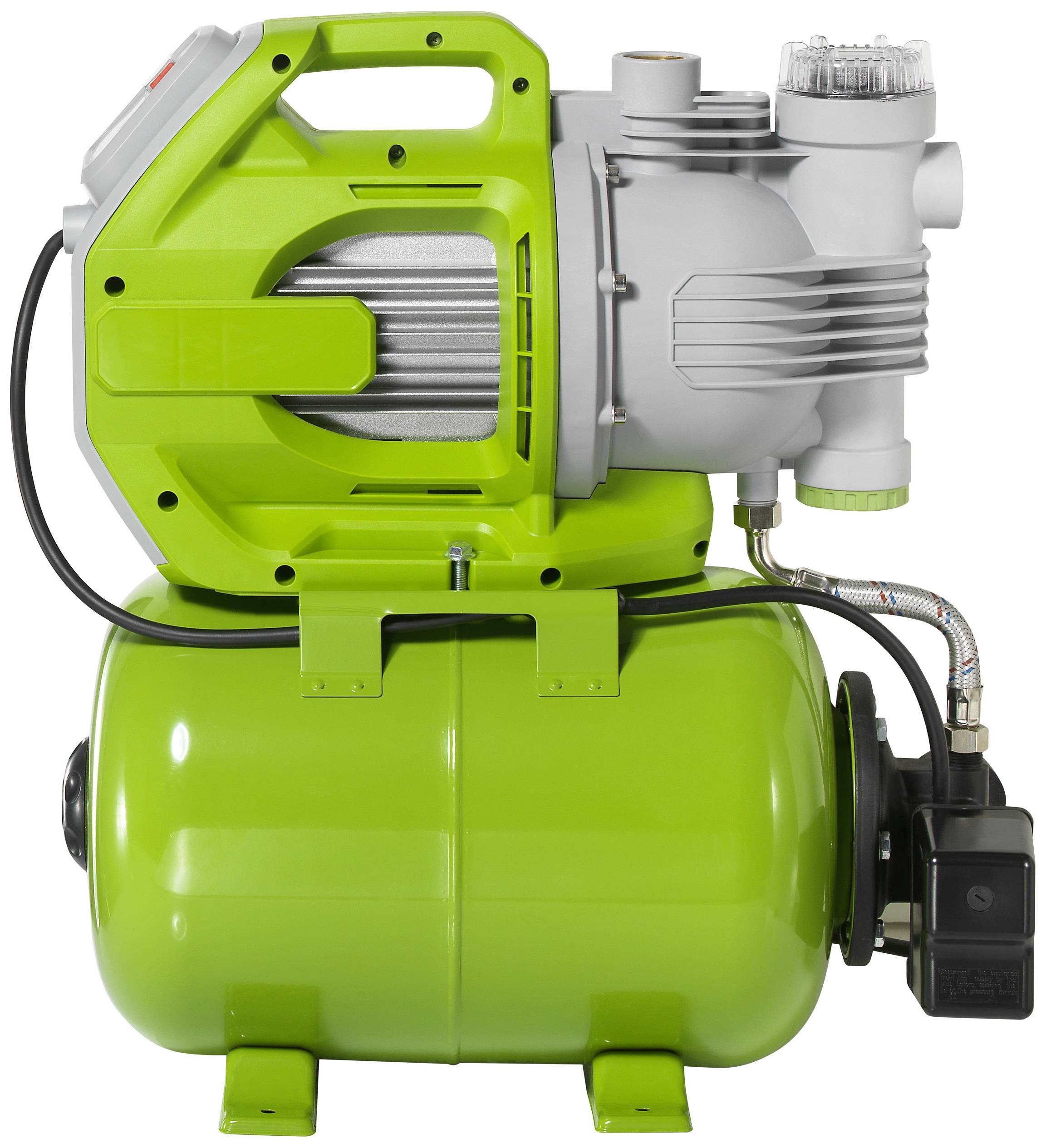 Grüne Wasserpumpe mit Drucktank, seitliche Ansicht. Verwendet für Hauswasserwerke, um Wasserdruck zu regulieren und zu erhöhen.