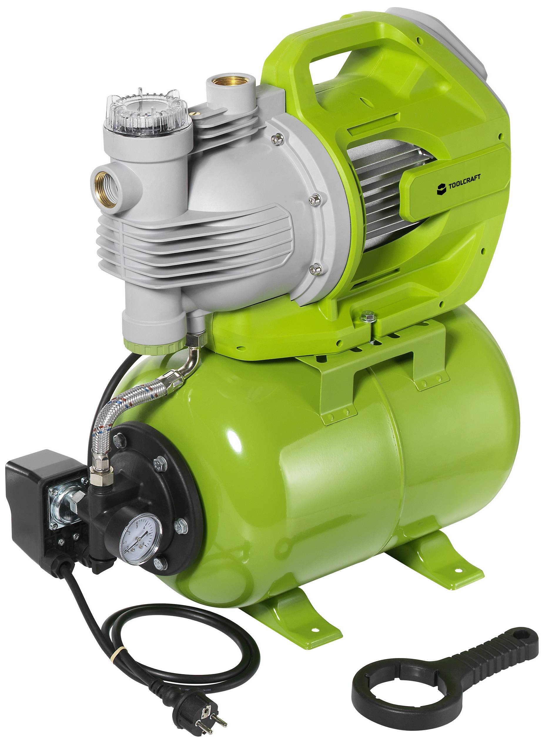 Kompakte grüne Wasserpumpe mit schwarzer Leitung und Manometer, geeignet für Haus- und Gartenbewässerung.