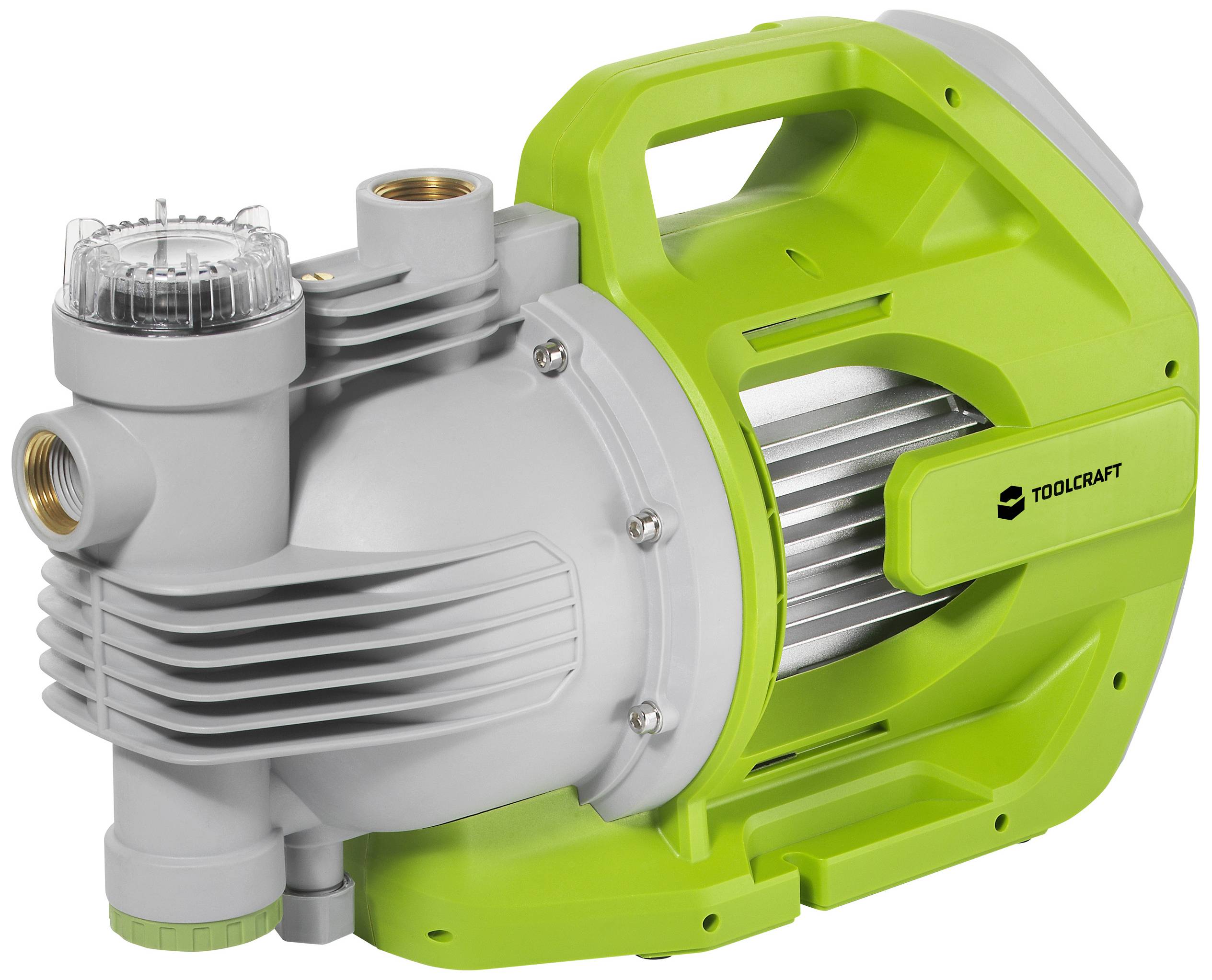 Eine helle, tragbare Wasserpumpe von Toolcraft mit grünem Gehäuse und grauen Anschlüssen, geeignet für den Gartenbau oder Heimwerkerprojekte.