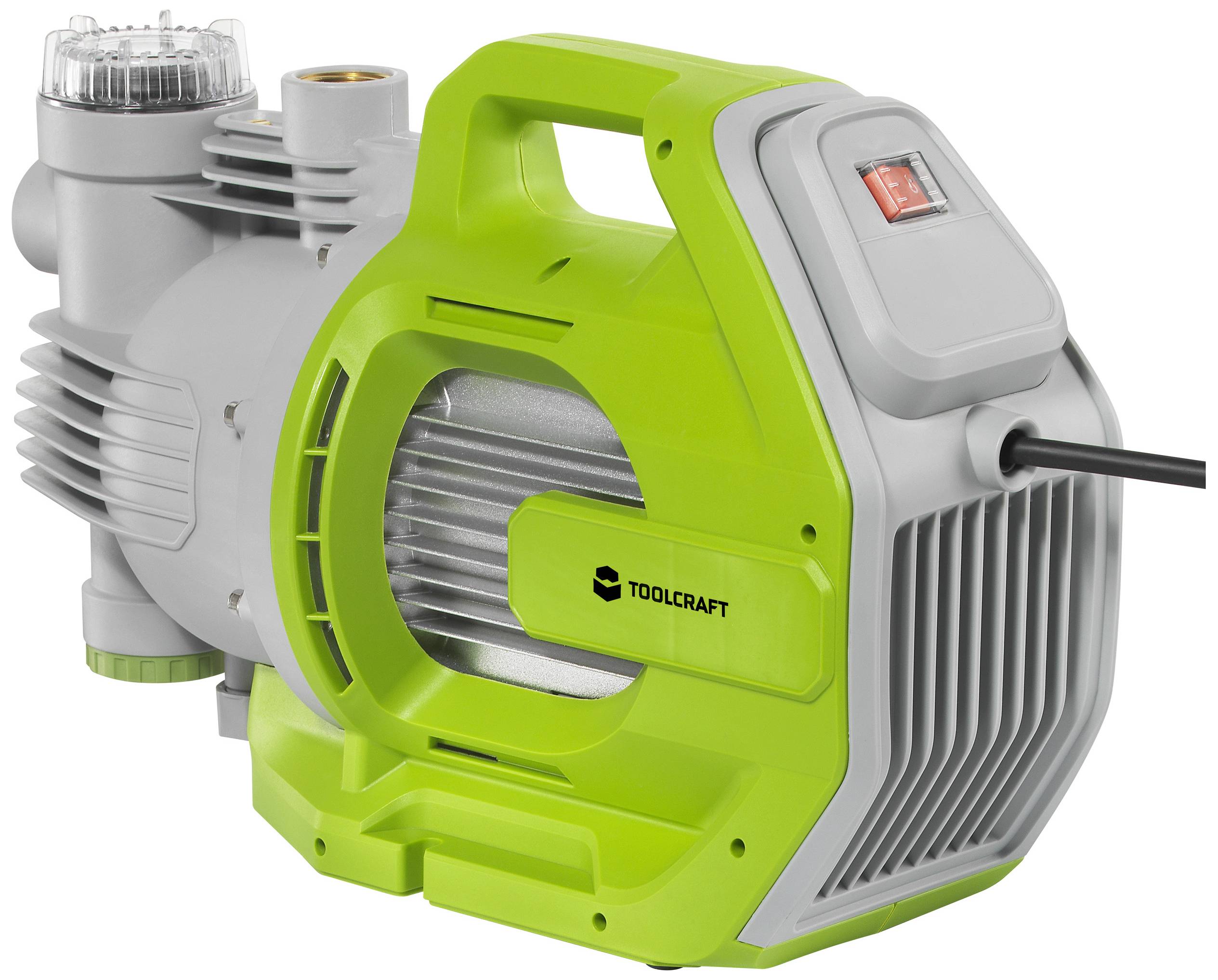 Grüne und graue elektrische Wasserpumpe von Toolcraft mit Griff und sichtbarem Netzkabel, auf weißem Hintergrund.