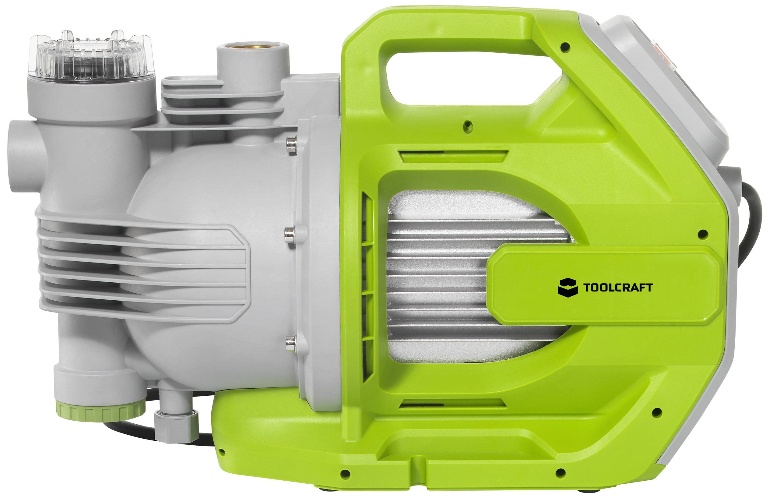 Eine graue und neongrüne Wasserpumpe von TOOLCRAFT, seitlich abgebildet. Die Pumpe hat ein kompaktes Design und einen ergonomischen Griff.
