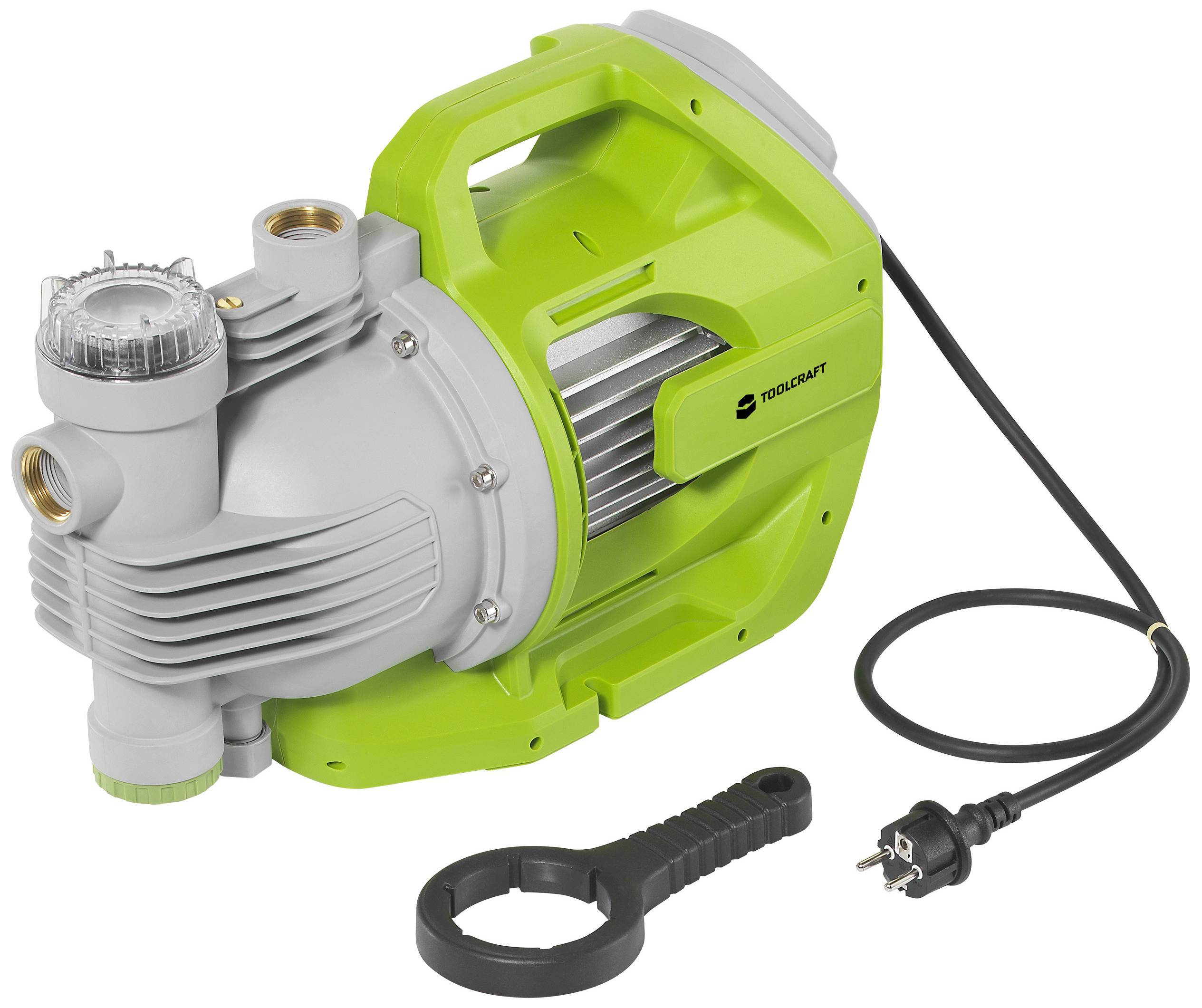 Grüne elektrische Wasserpumpe mit Haltegriff und Netzkabel, geeignet für Garten- oder Hausgebrauch. Kunststoffgehäuse und Anschlussadapter.