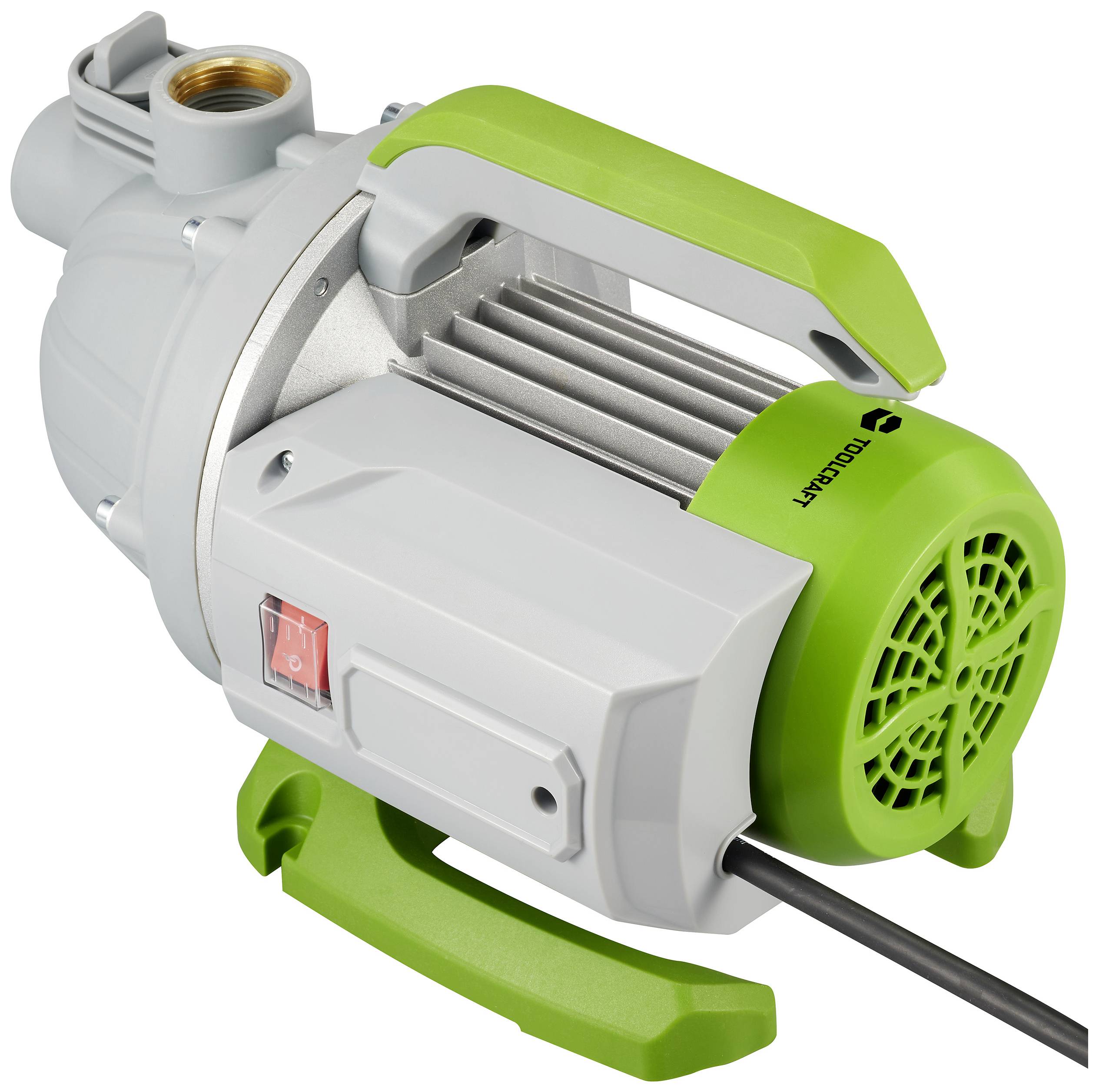 Wasserpumpe mit grünem Griff und grauem Gehäuse, geeignet für Gartenbewässerung.