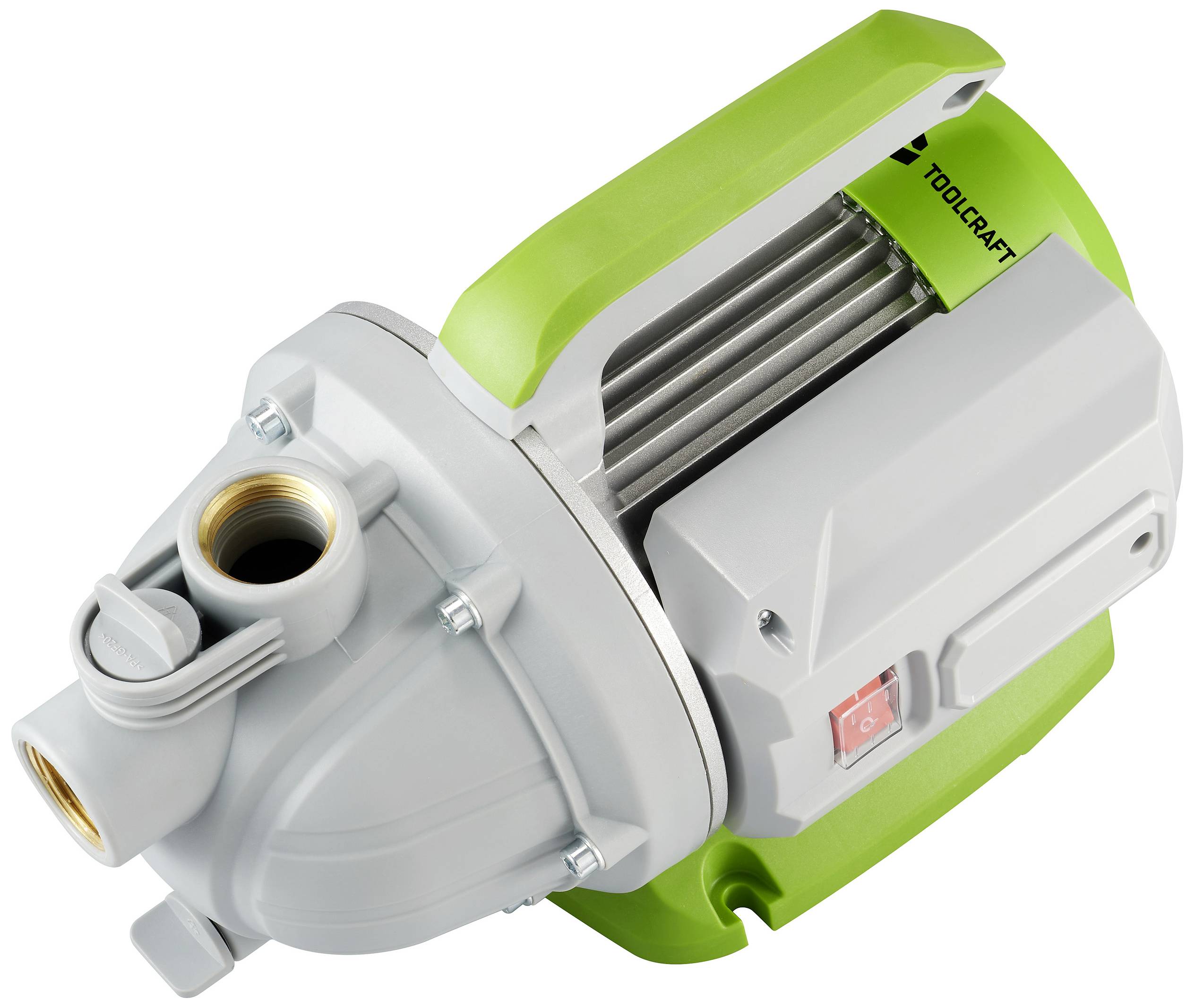 Elektrische Wasserpumpe in Grau und Grün mit seitlichem Ein-/Ausschalter. Ideal für die Förderung von Wasser in Haushalten oder Gärten.