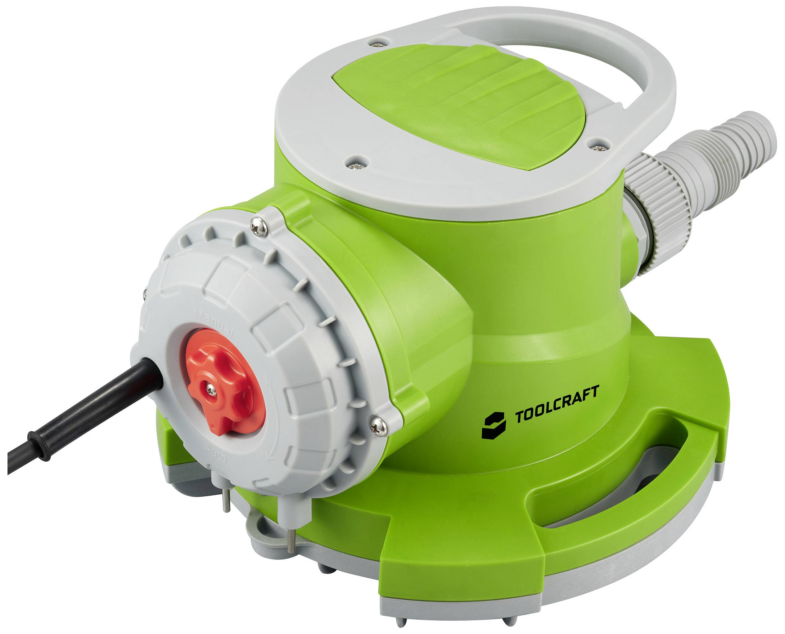 Grüne elektrische Pumpe von Toolcraft mit Anschlusskabel und Ablaufschlauch. Sie ist rund und hat einen roten Drehknopf.