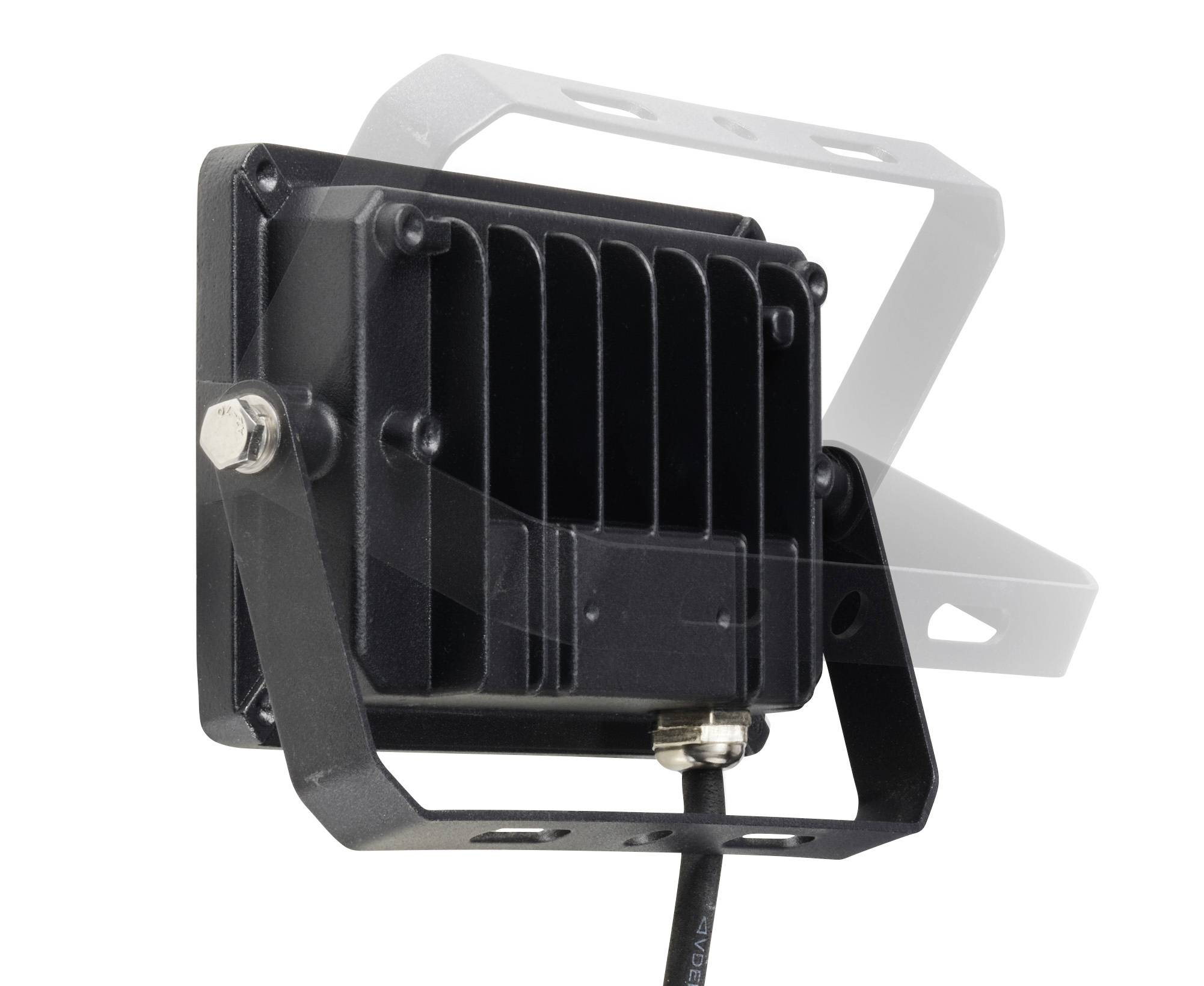 LED-Flutlicht in schwarzem Gehäuse, Seitenansicht mit Montagebügel. Kabel unten angeschlossen. Geeignet für Außenbeleuchtung.