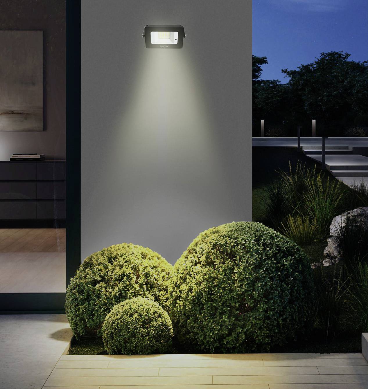 Außenwand eines Gebäudes bei Nacht mit eingeschaltetem Wandstrahler, der auf runde Büsche im Garten darunter leuchtet.