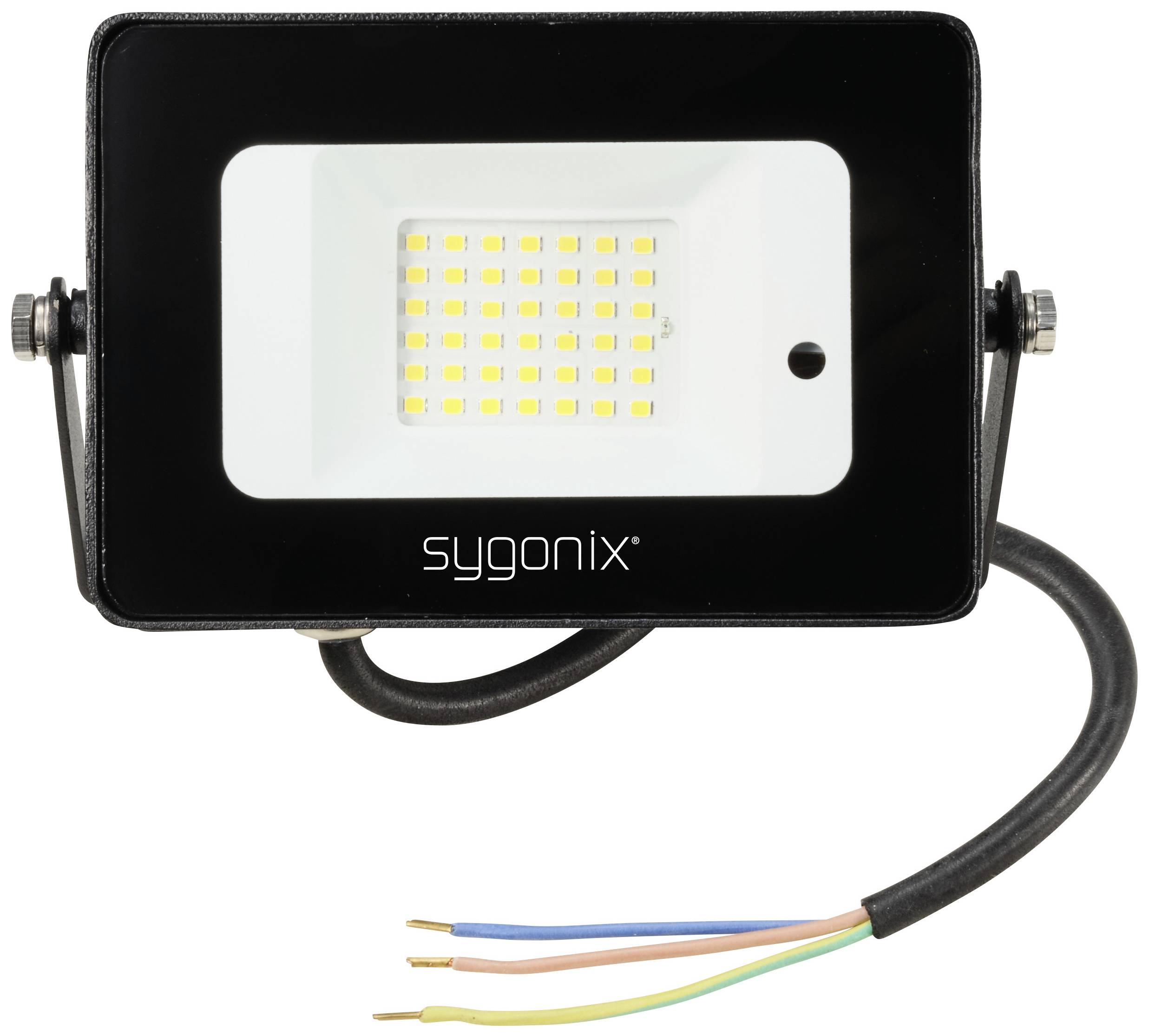 LED-Flutlicht mit rechteckigem, schwarzem Gehäuse, montiertem Bügel und freiliegenden Drahtenden in den Farben gelb, blau und braun.