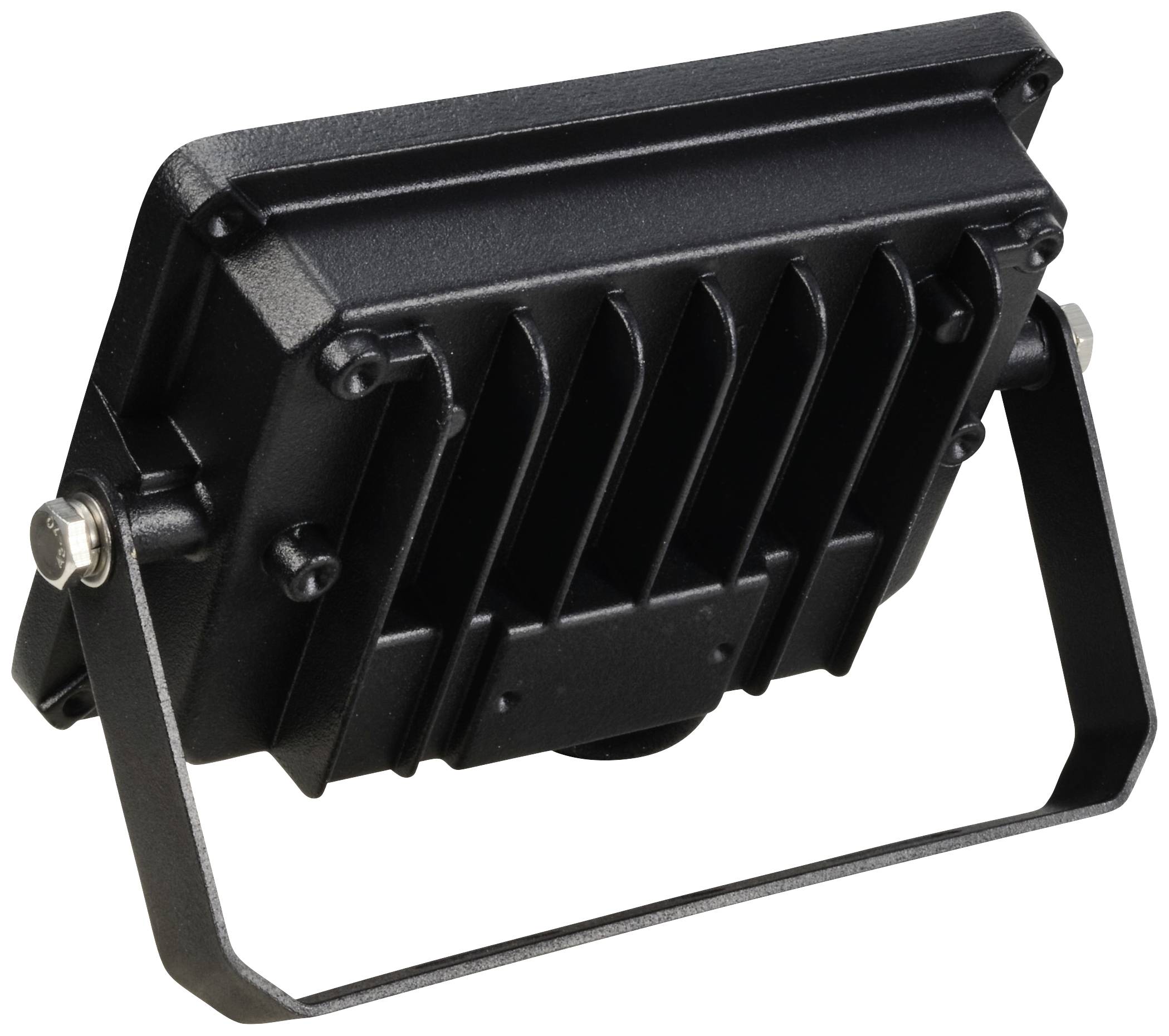 Ein rechteckiger, schwarzer LED-Flutlichtstrahler mit Kühlrippen und verstellbarer Halterung, zur Verwendung im Außenbereich.