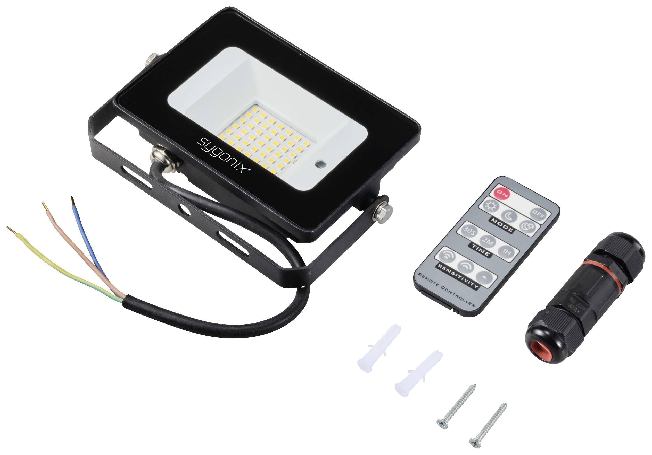 Flutlicht mit Kabel, Fernbedienung und Montageset. Enthält schwarze Halterung, Fernbedienung für Helligkeit und Schrauben.