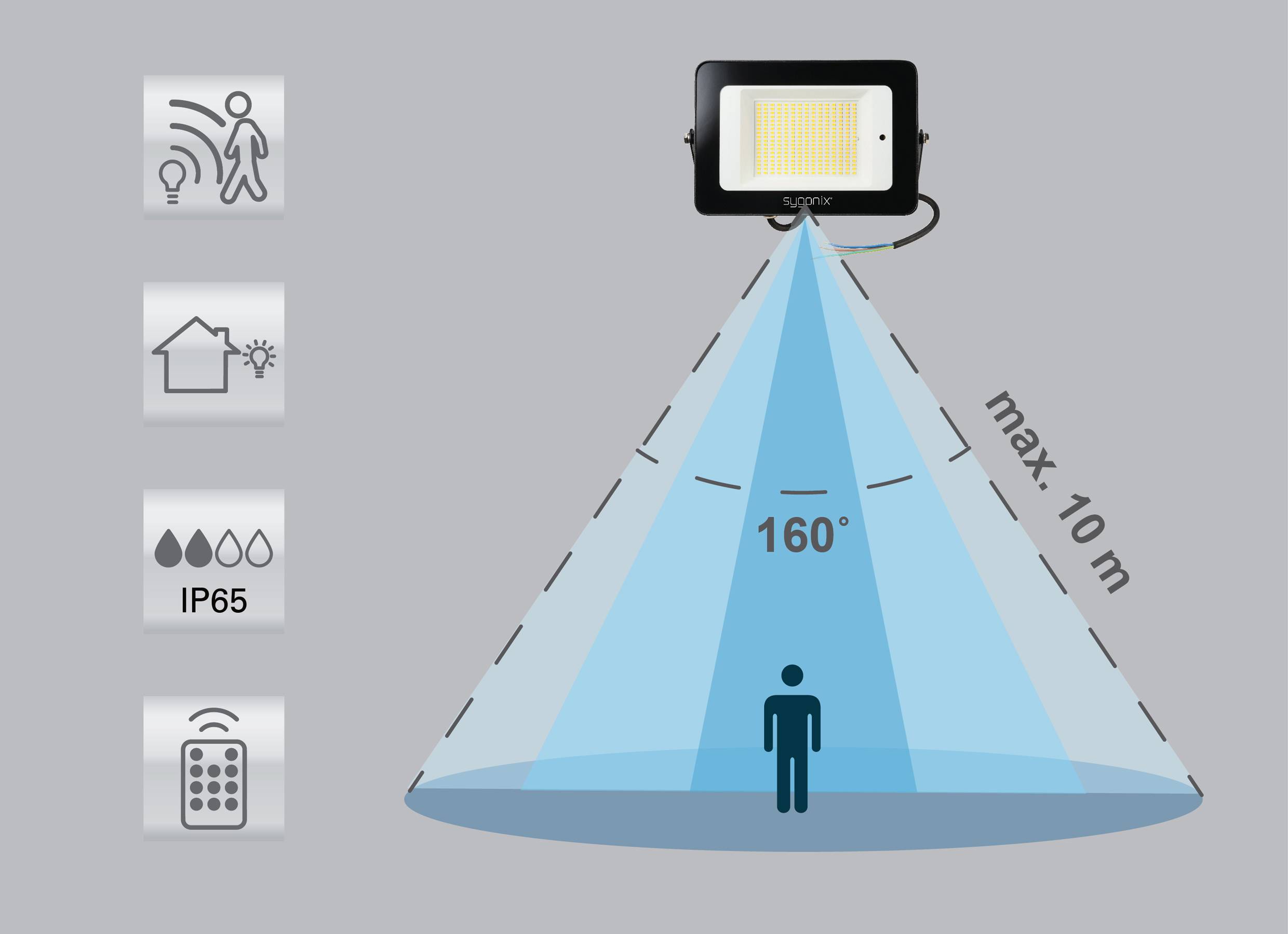 Scheinwerfer mit 160° Erfassungswinkel und 10 m Reichweite. Symbole: Bewegungssensor, Haus, IP65, Fernbedienung.