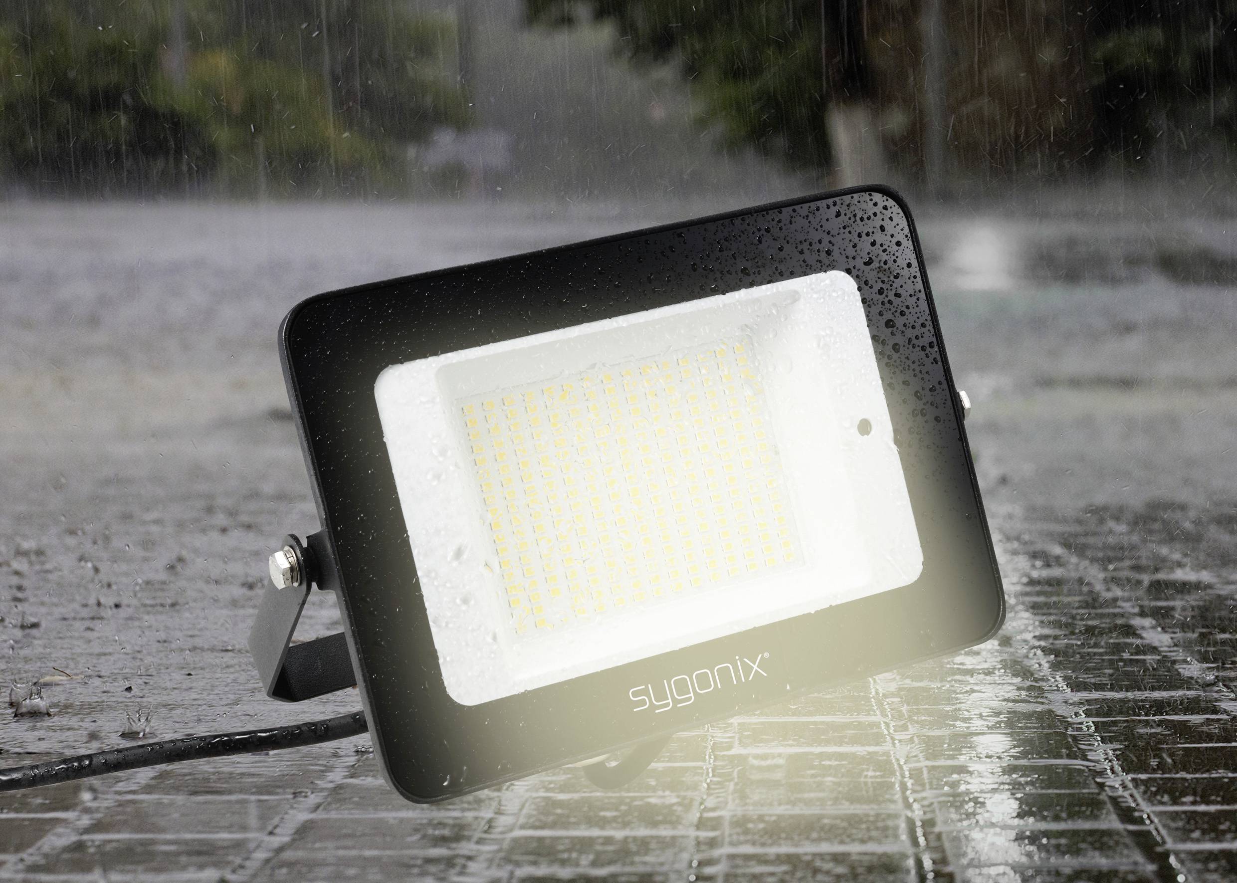 Ein LED-Flutlichtstrahler in schwarzem Gehäuse leuchtet im Regen auf nassem Boden. Das Licht reflektiert auf der nassen Oberfläche.