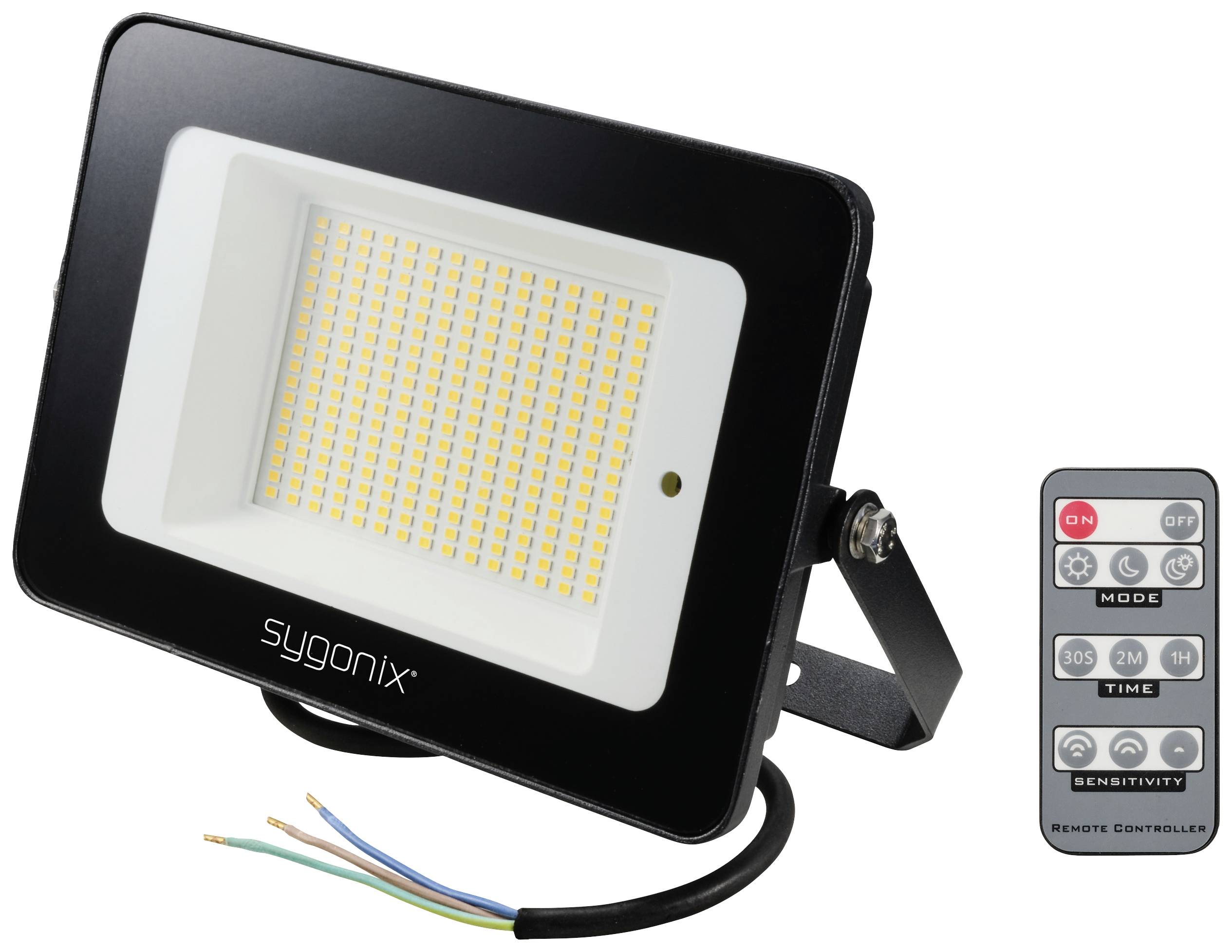LED-Strahler mit Fernbedienung, Marke sygonix. Schwarzes Gehäuse, zeigt Stromkabelenden. Fernbedienung mit Modus- und Zeiteinstellungen.