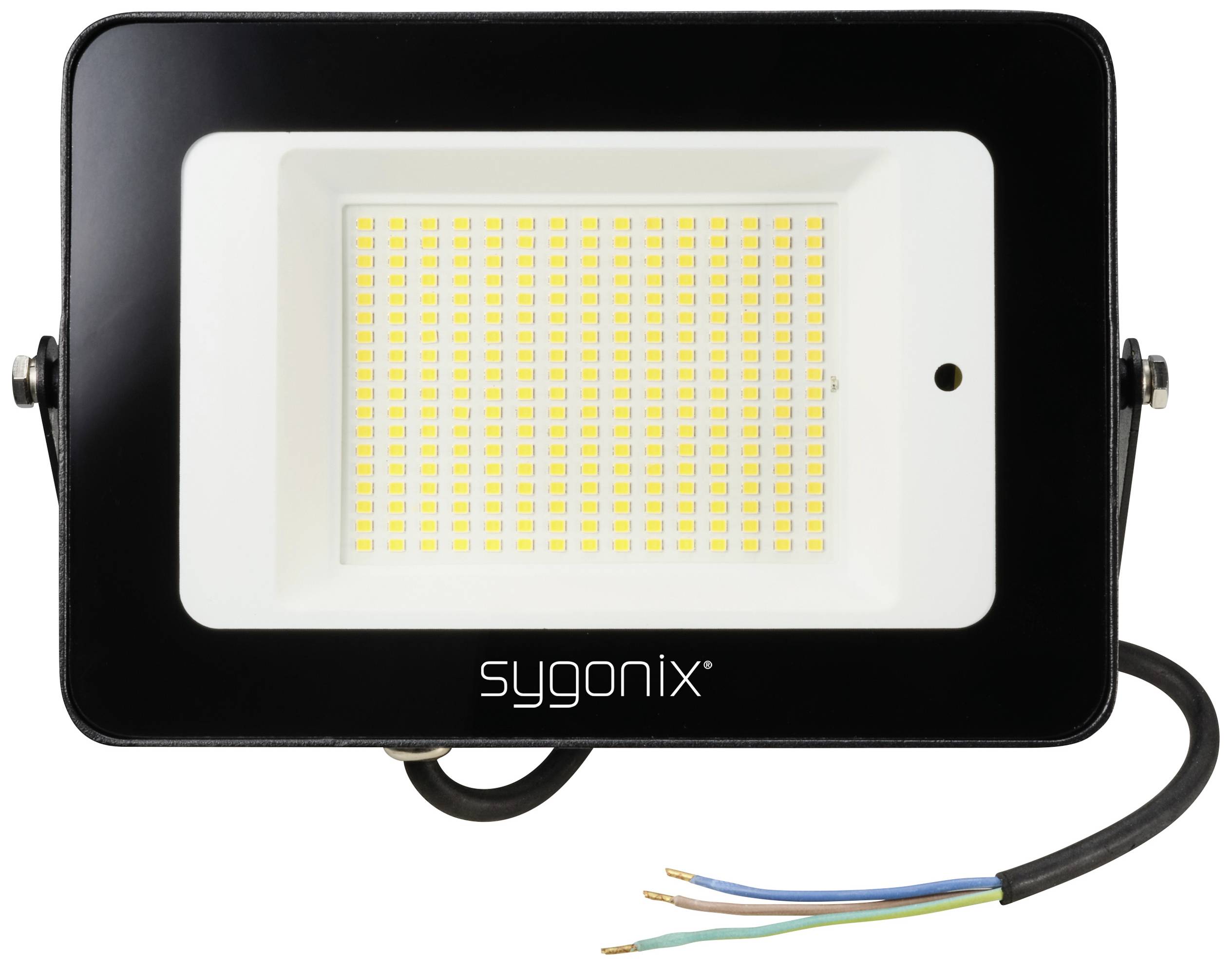 LED-Außenstrahler mit schwarzem Rahmen und Kabel, Marke 'sygonix', geeignet zur Beleuchtung von Außenbereichen.