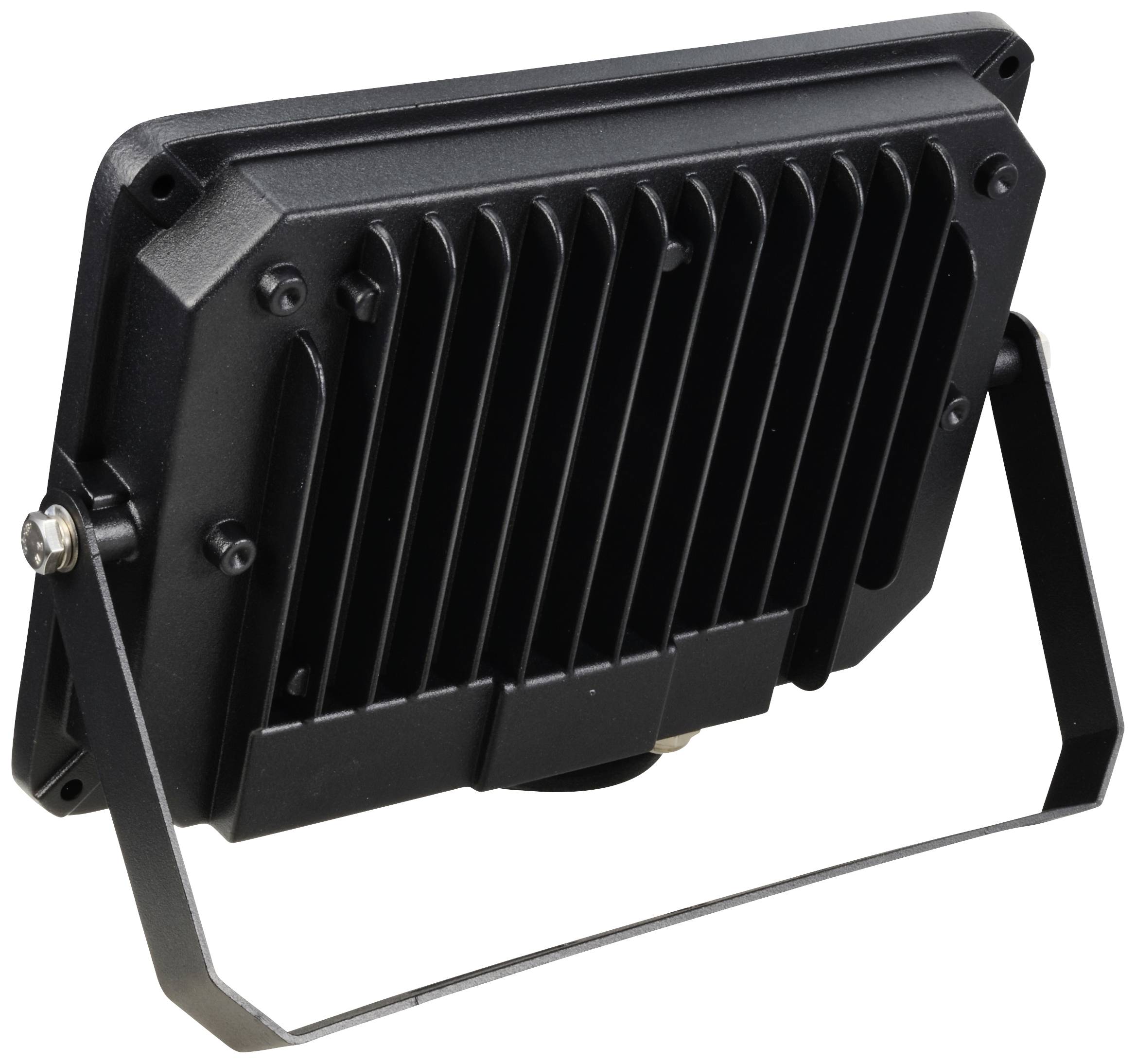 Rückansicht eines schwarzen LED-Fluters mit Kühlrippen und Halterung zur Befestigung an einer Wand oder Decke.