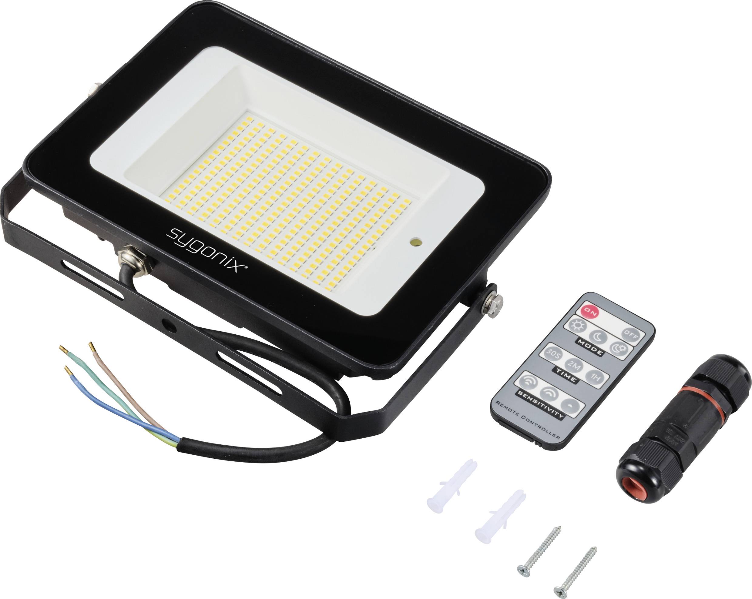 Ein rechteckiger LED-Strahler mit schwarzem Rahmen und zugehöriger Fernbedienung, Schrauben und Befestigungselementen.