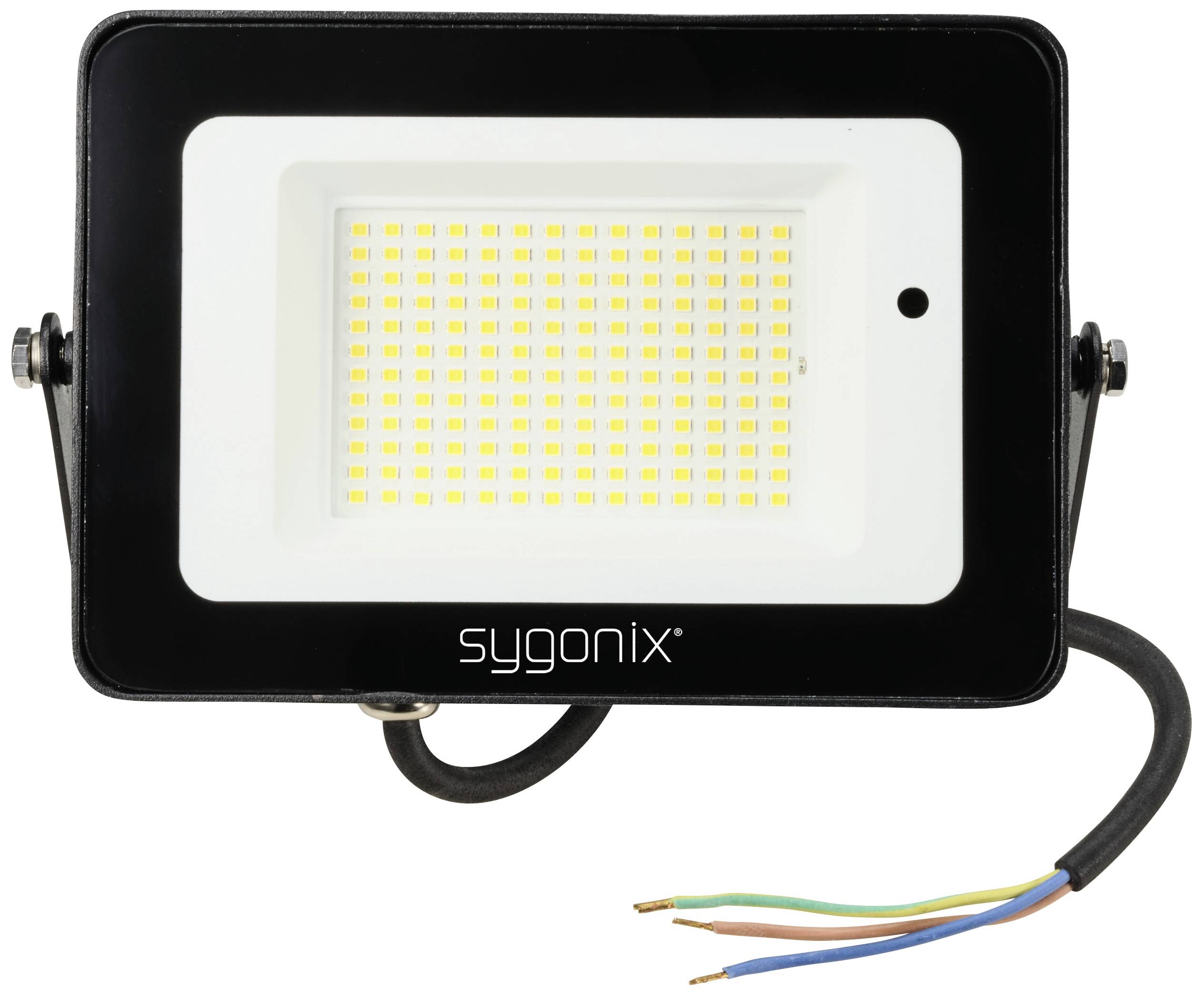 LED-Flutlichtstrahler von Sygonix, rechteckiges Design, schwarzer Rahmen, freiliegende Drähte an der Unterseite.
