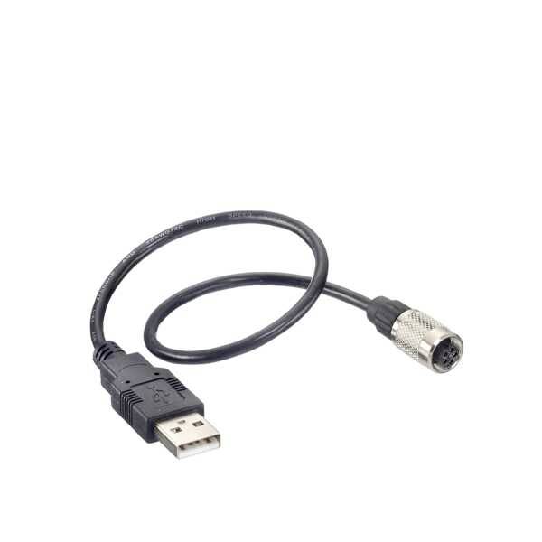 Schwarzes USB-Kabel mit einem USB-Stecker und einem runden, silbernen Adapterstecker, dargestellt auf weißem Hintergrund.