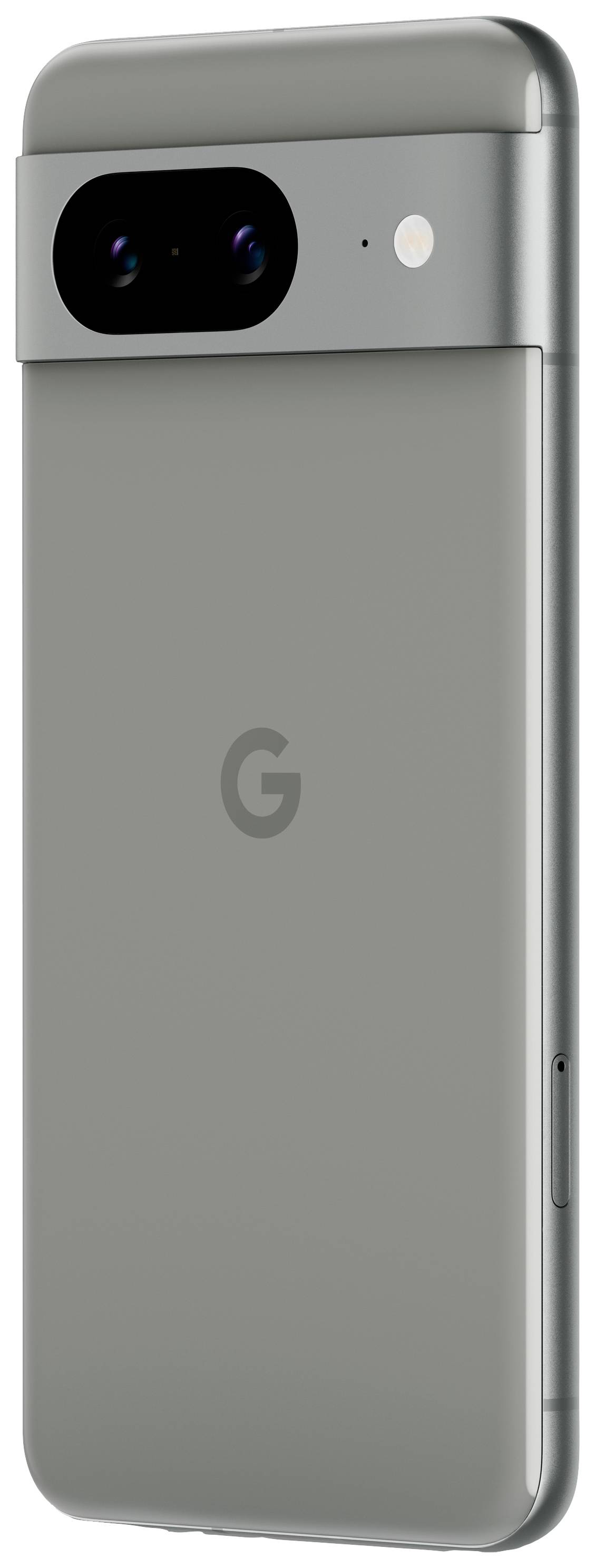 Smartphone in grauer Farbe, Ansicht von hinten mit Kameramodul oben. Minimalistisches Design mit dem 'G'-Logo in der Mitte.
