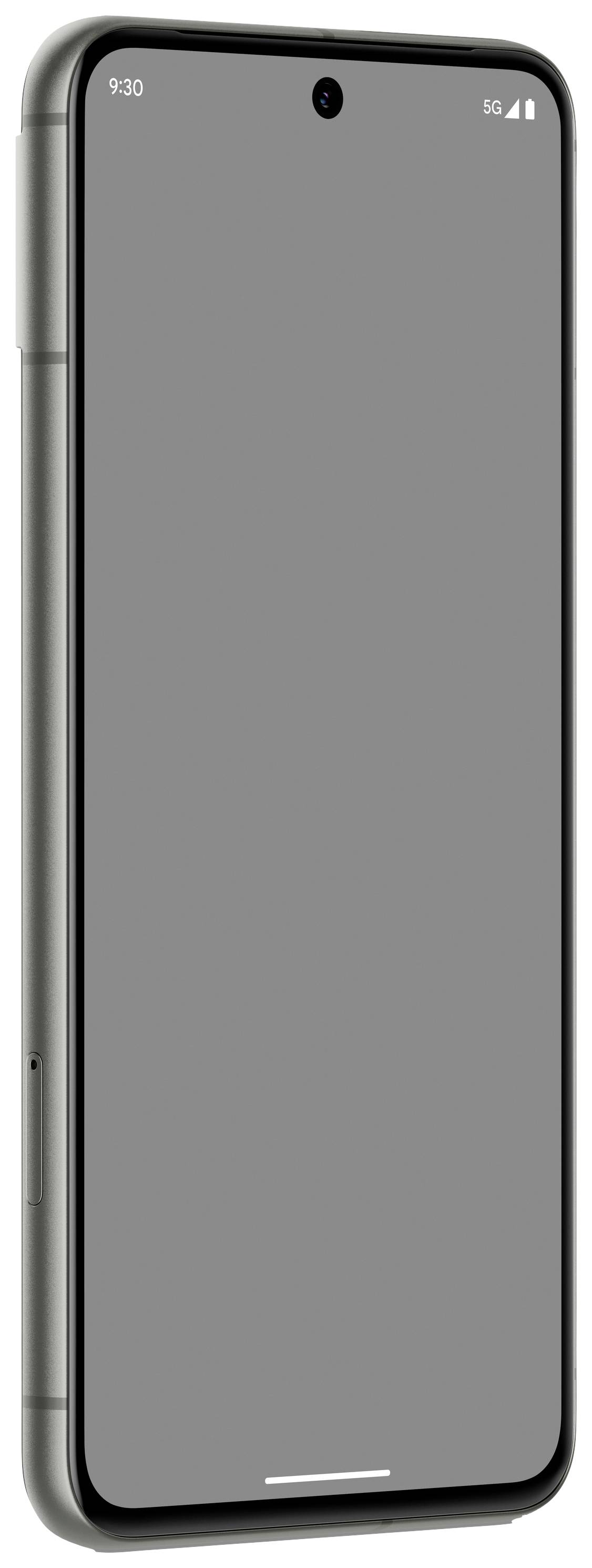 Ein moderner Smartphone-Bildschirm in Grau, von der Seite betrachtet. Oben links zeigt die Uhrzeit 9:30. Oben rechts wird '5G' angezeigt.