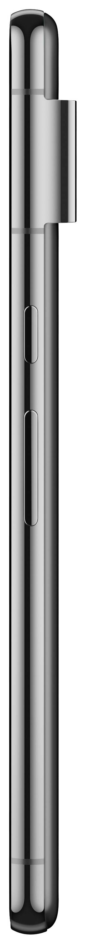 Seitenansicht eines schwarzen Smartphones mit schlankem Design und zwei Tasten auf der Seite.