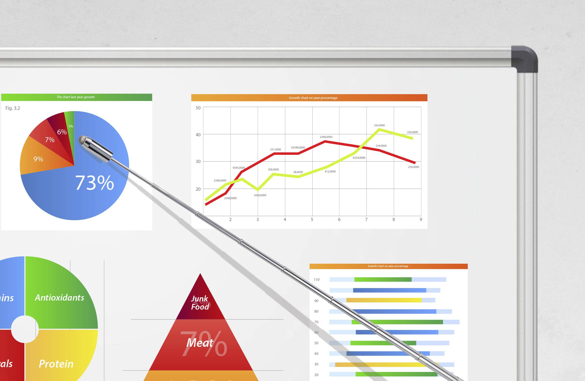Ein Dozent zeigt mit einem Pointer auf ein Whiteboard mit Diagrammen: Kreisdiagramm, Liniendiagramm, Tortendiagramm und Pyramiden-Diagramm.