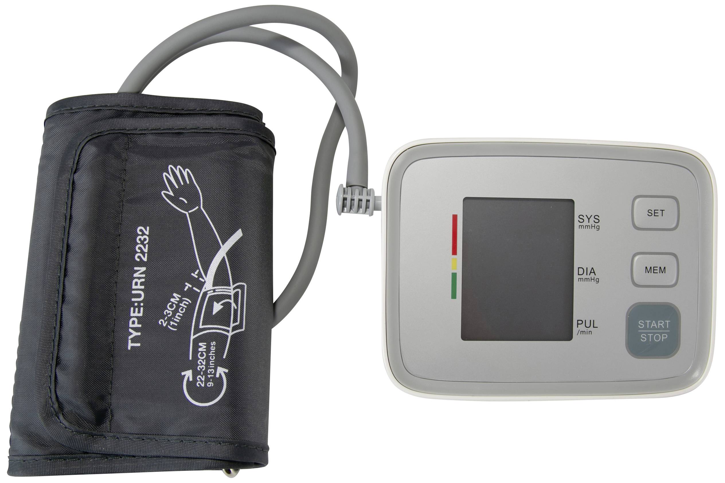 Blutdruckmessgerät mit digitalem Display und Manschette. Manschette zeigt Anleitung zur korrekten Anwendung am Arm.