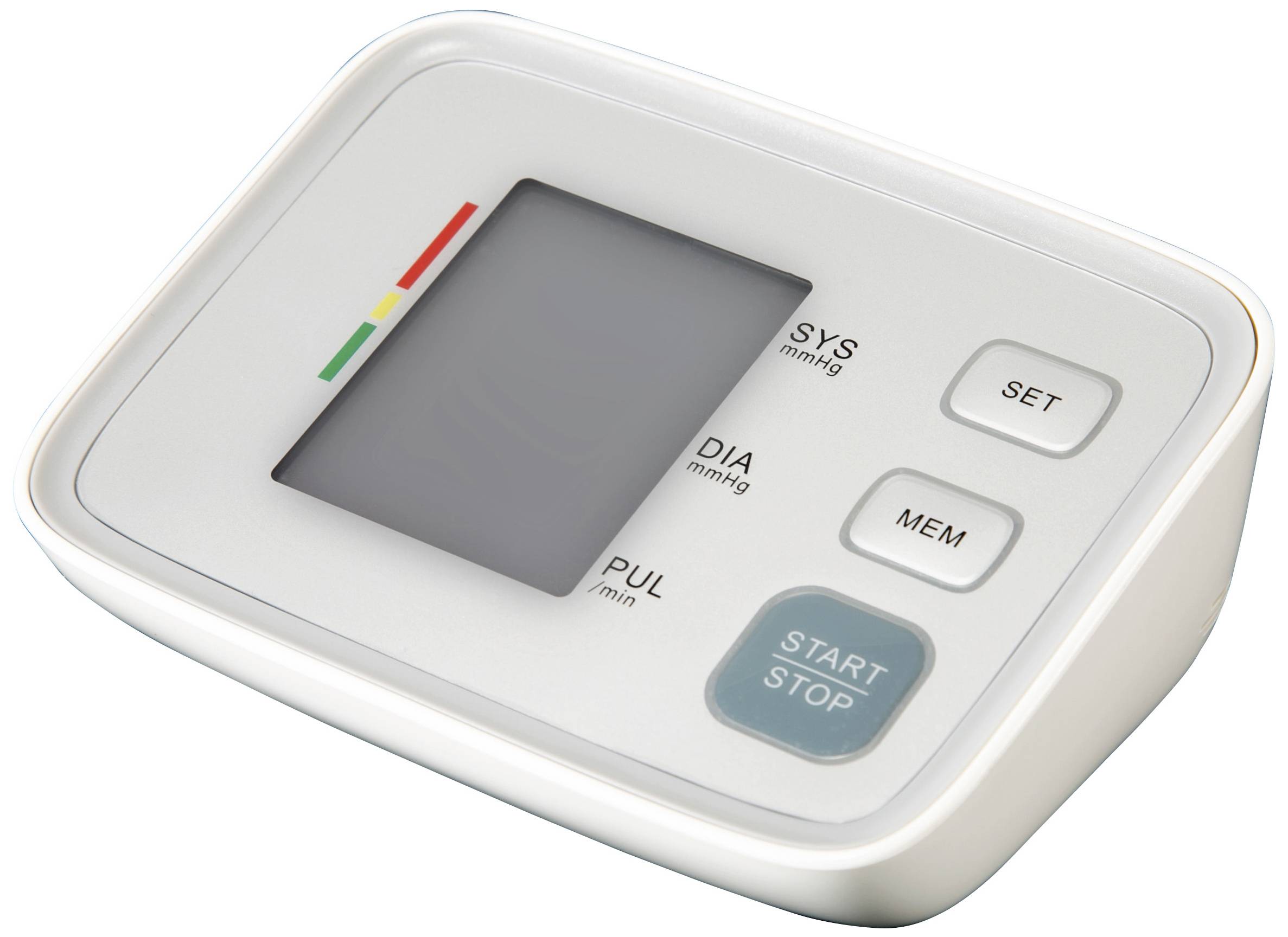 Blutdruckmessgerät mit Display; zeigt SYS, DIA und PUL Messwerte an. Knöpfe für 'Set', 'Mem' und 'Start/Stop'.