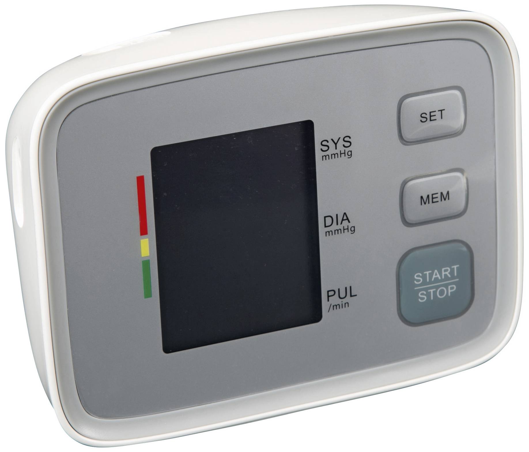 Digitales Blutdruckmessgerät mit Display und Tasten: 'SET', 'MEM', 'START/STOP'. Zeigt SYS, DIA, PUL Werte an.