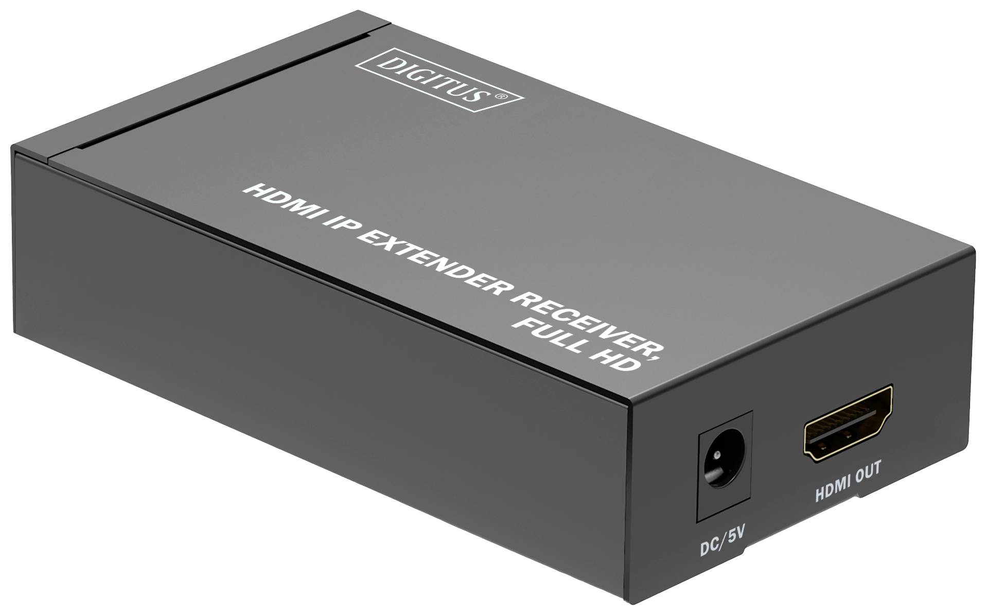 'HDMI IP Extender Receiver' von DIGITUS, schwarzes Gehäuse, Anschlüsse: DC/5V und HDMI-Ausgang, unterstützt Full HD.