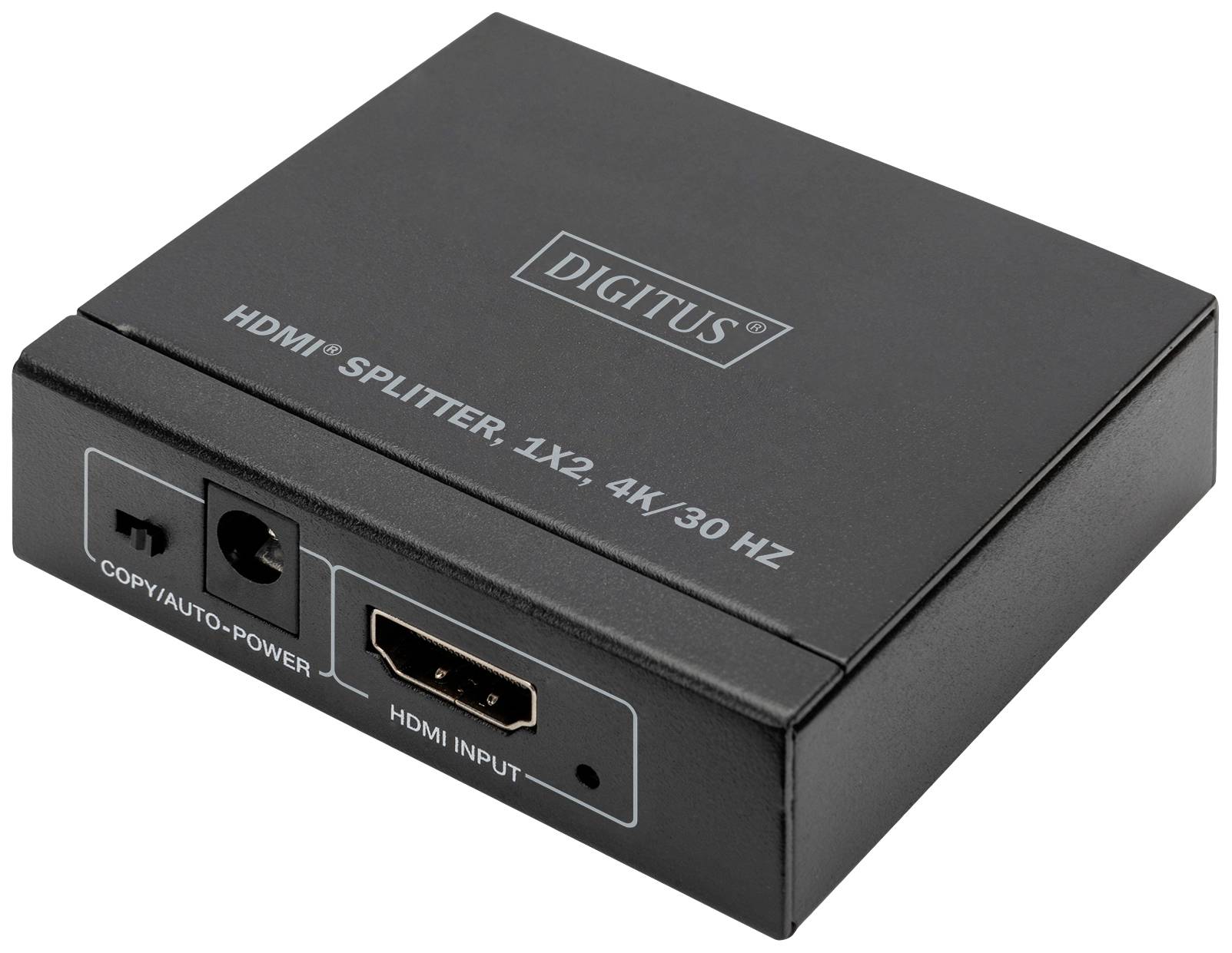 'HDMI Splitter, 1x2, 4K/30 Hz' schwarzes Gerät mit HDMI- und Kopier/Auto-Power-Anschlüssen, Marke DIGITUS.