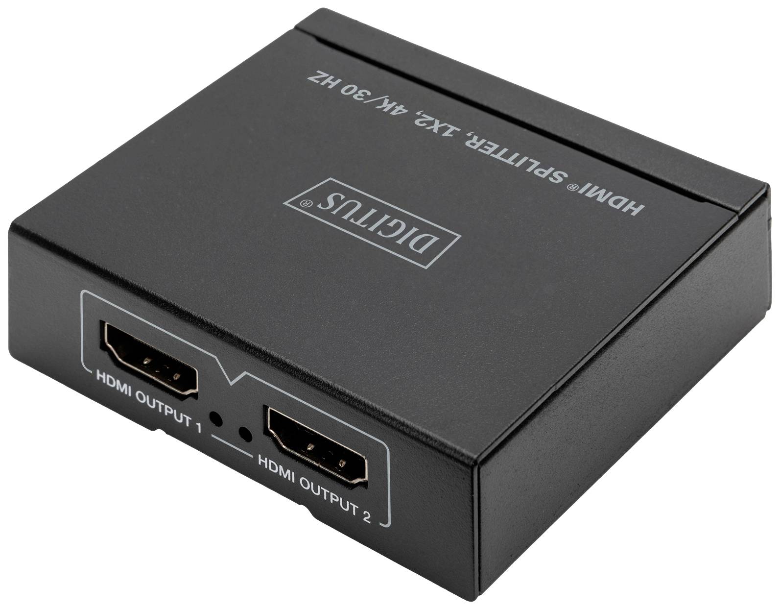 HDMI-Splitter in Schwarz mit zwei HDMI-Ausgängen, beschriftet als 'HDMI Output 1' und 'HDMI Output 2', Markenname oben.