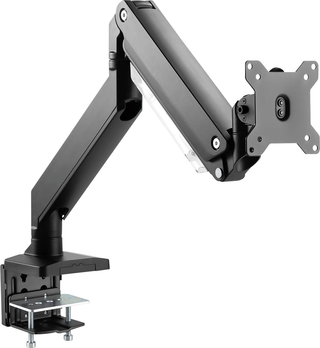 Ein schwarzer Monitorarm mit Gelenken zur Befestigung an einem Tisch, ermöglicht flexible Positionierung eines Monitors für ergonomisches Arbeiten.