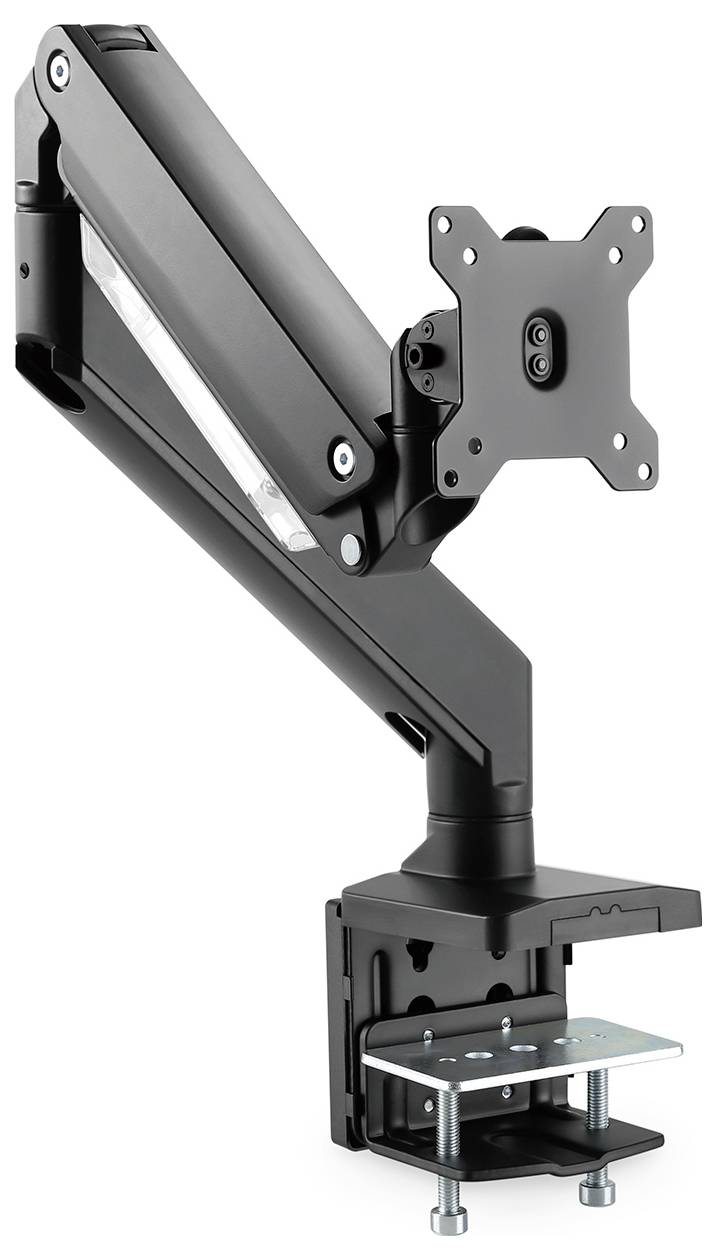 Ein schwarzer Monitorarm mit verstellbarem Gelenk und Tischklemme zur Befestigung. Geeignet für die Montage von Bildschirmen.