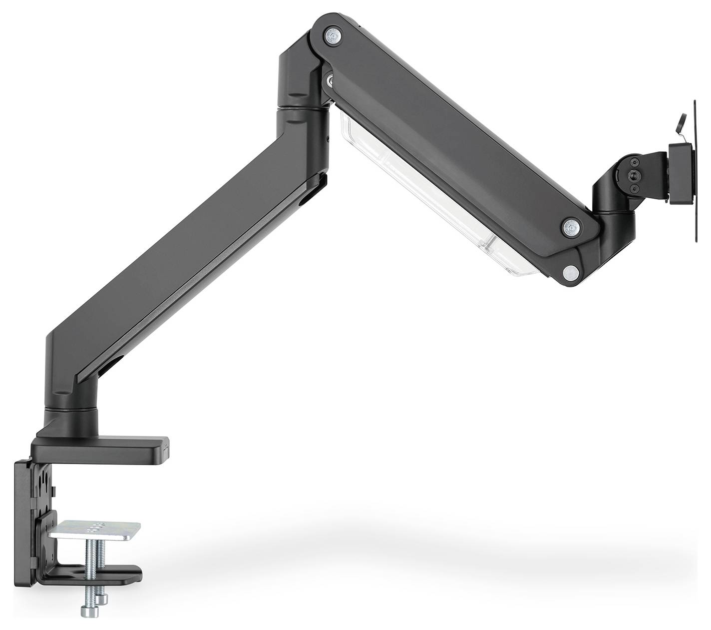 Ein schwarzer, verstellbarer Monitorarm aus Metall mit Tischklemme, zur Befestigung eines Bildschirms an einem Schreibtisch.