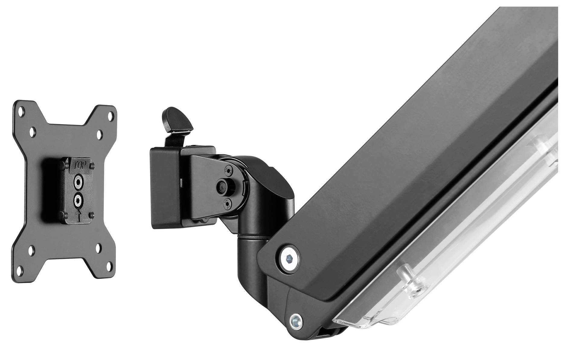 Bild eines schwarzen Wandhalters für Monitore oder Bildschirme mit einem VESA-kompatiblen Adapter und schwenkbarem Arm.