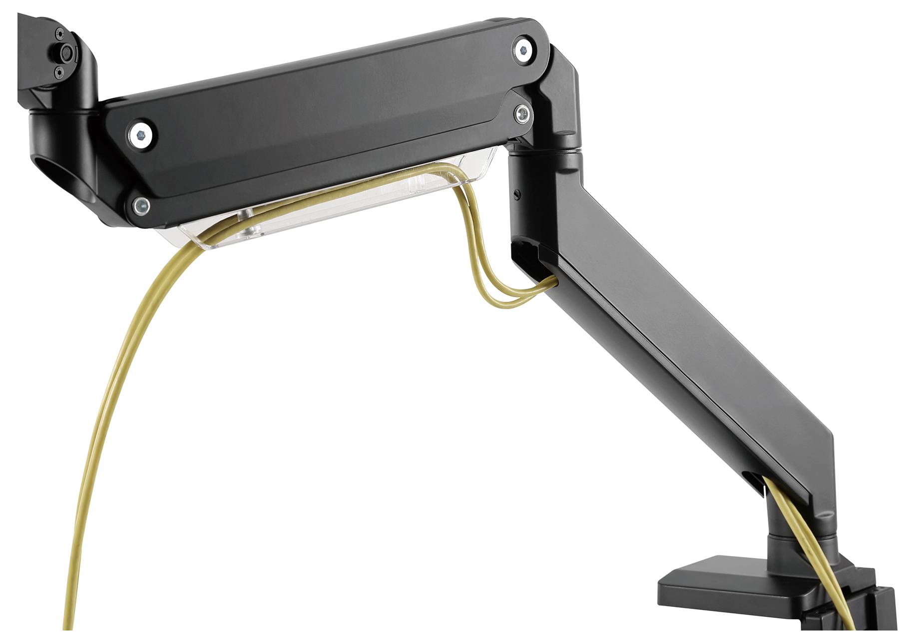 Ein schwarzer, verstellbarer Monitorarm aus Metall, montiert auf einer Tischfläche. Kabel verlaufen durch den Arm, um Ordnung zu halten.