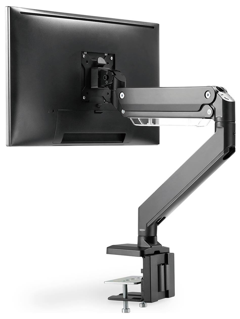 Ein schwarzer Bildschirm an einem verstellbaren Tischarm, der an einem Schreibtisch montiert ist. Der Arm ermöglicht flexible Positionierung.