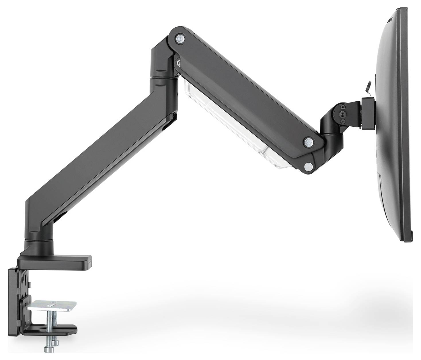 Schwenkbarer Monitorarm, seitlich gezeigt, mit Klemme zur Befestigung an einem Tisch. Geeignet zur flexiblen Einstellung der Bildschirmposition.