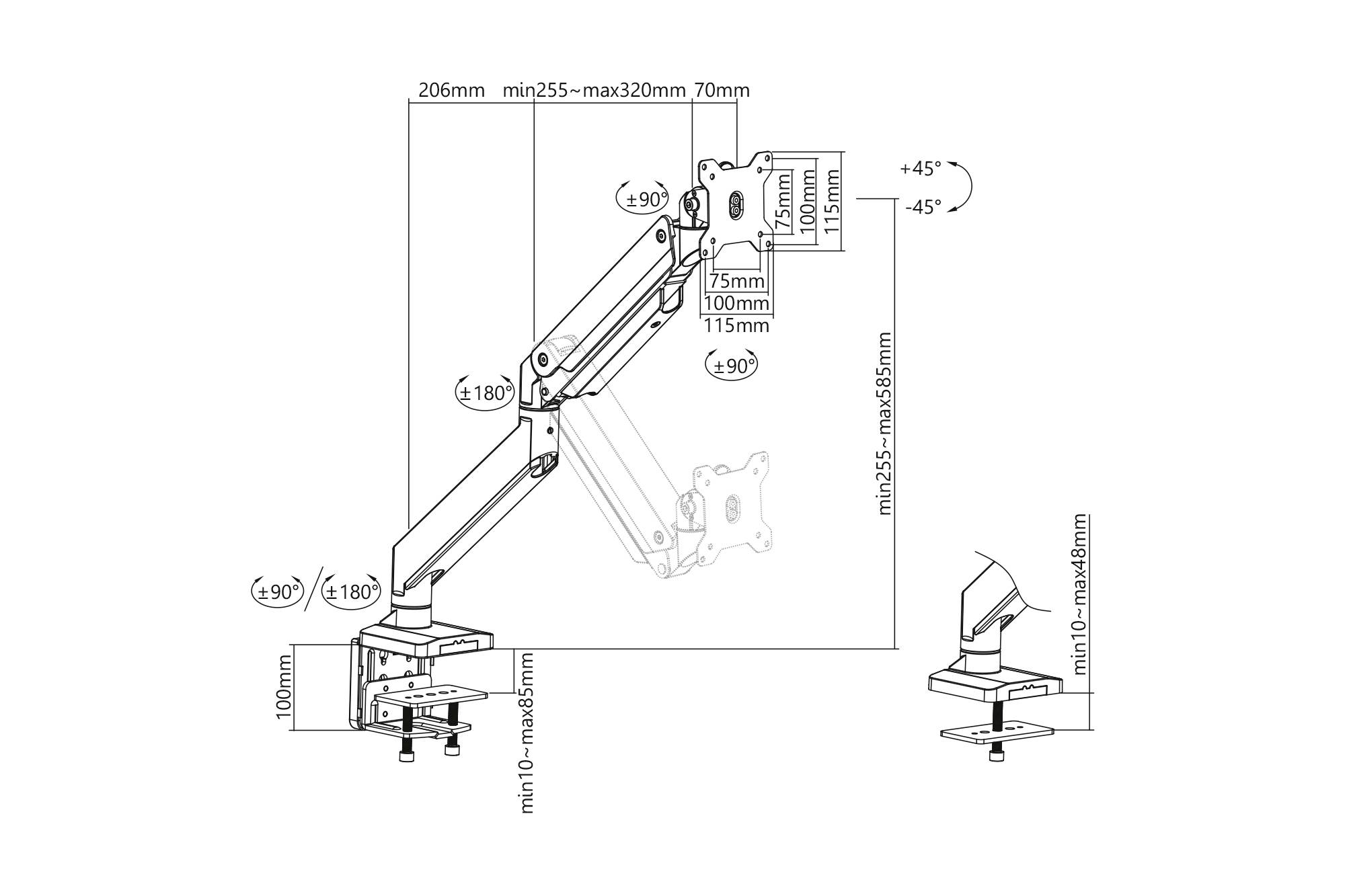Skizze des Monitorarms mit Maßen: max. Höhe 620mm, min. Höhe 100mm, max. 585mm ausziehbar. Dreht sich um ±90°, neigt sich um ±45°.