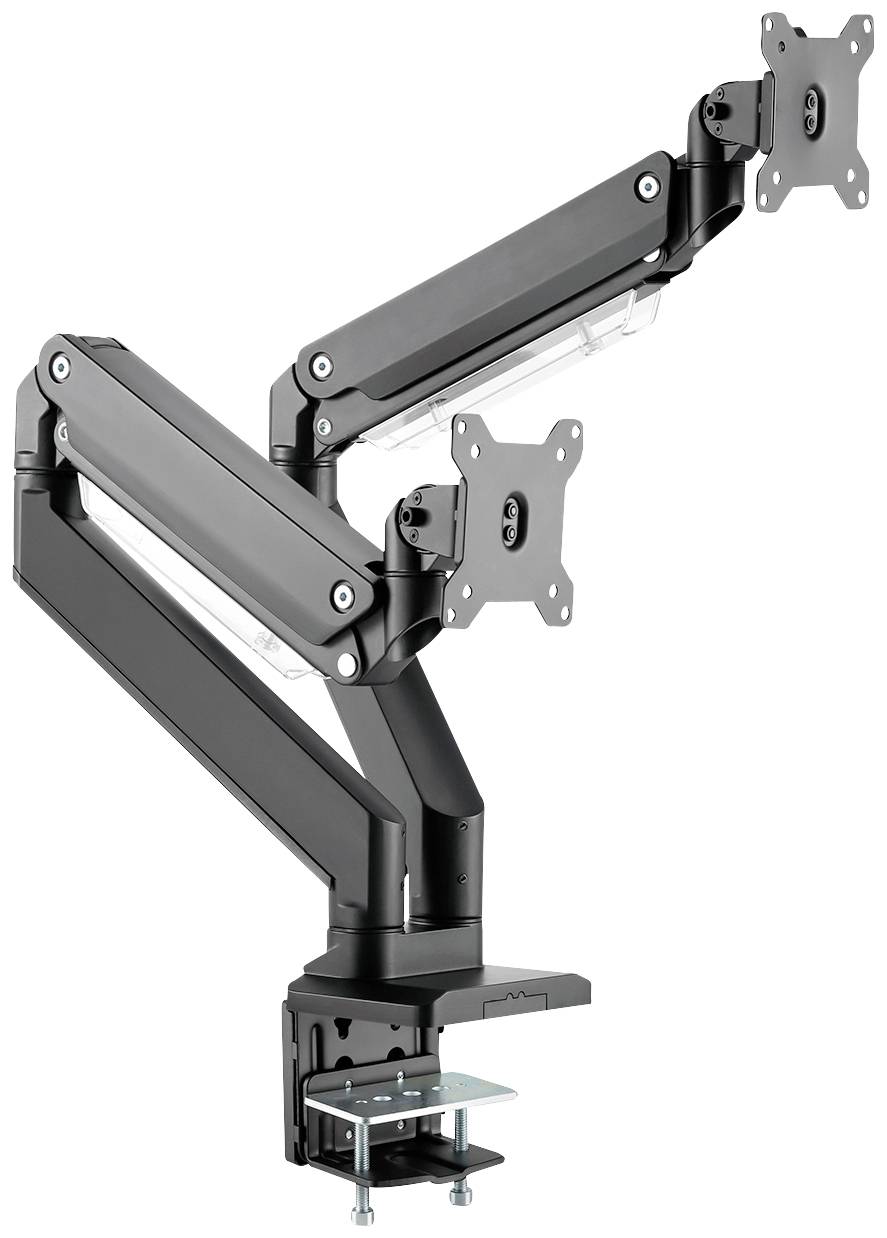 Doppelter Monitorarm aus schwarzem Metall, verstellbar in Höhe und Winkel. Geeignet zur Tischbefestigung mit Klemmen.