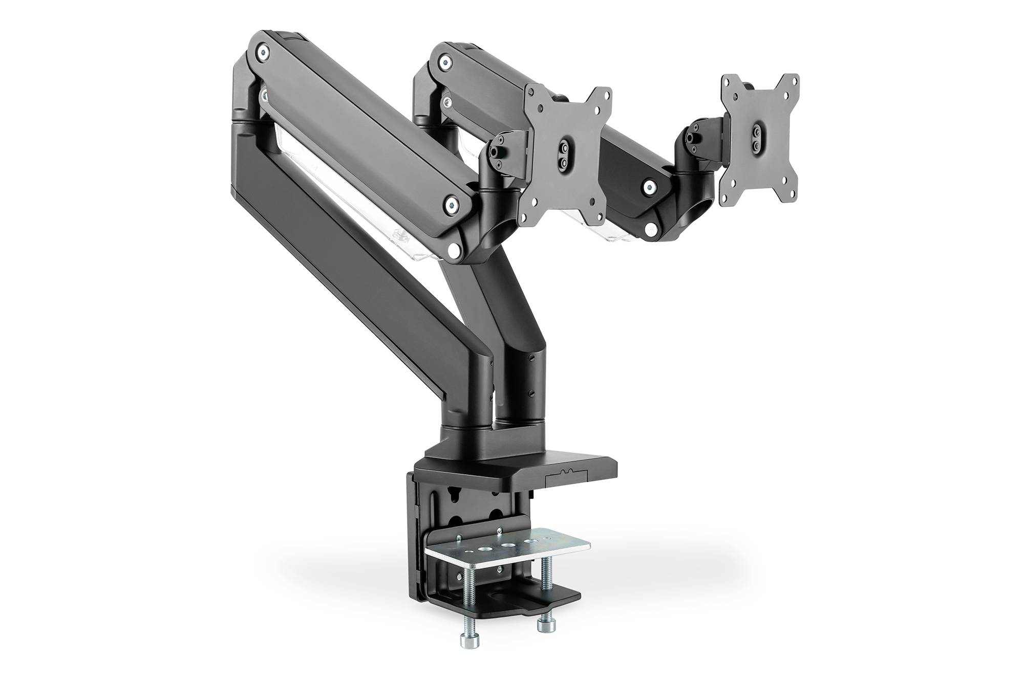 Ein schwarzer, verstellbarer Doppel-Monitorarm aus Metall mit Klemmbasis; erlaubt flexible Positionierung von zwei Bildschirmen.