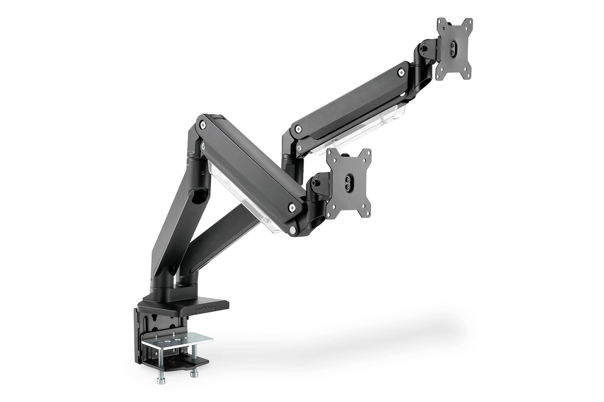 Verstellbarer Monitorarm mit zwei Gelenken, schwarz, auf Tisch montiert. Eignet sich zur flexiblen Anordnung von Monitoren im Büro.