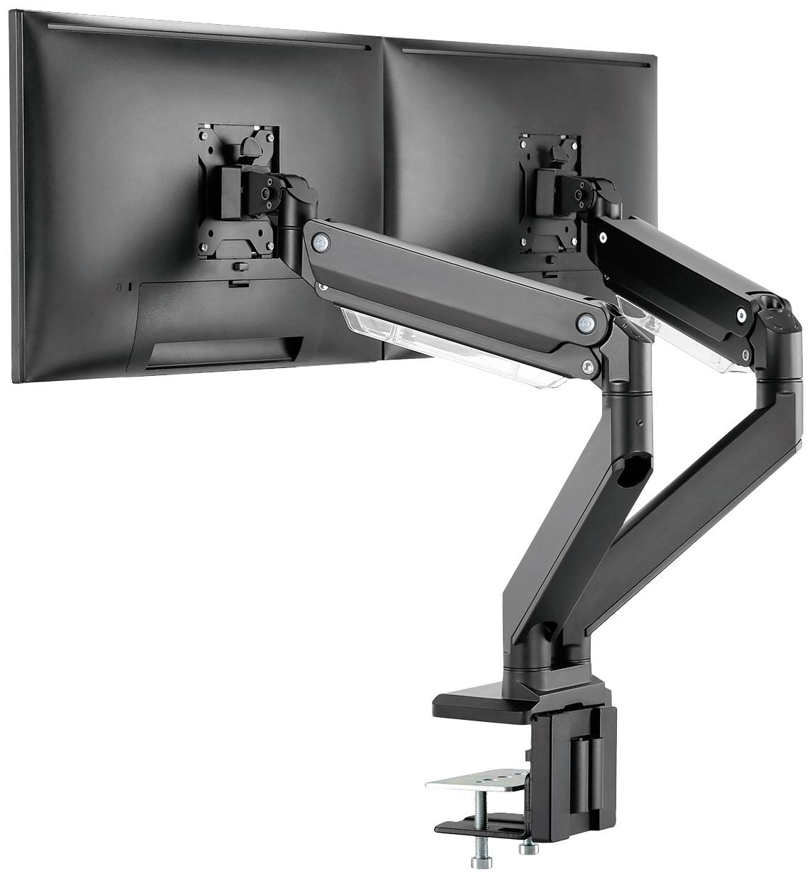 Zwei schwarze Monitorarme aus Metall, die an einem Schreibtisch befestigt sind, halten zwei Bildschirme in der Höhe einstellbar nebeneinander.